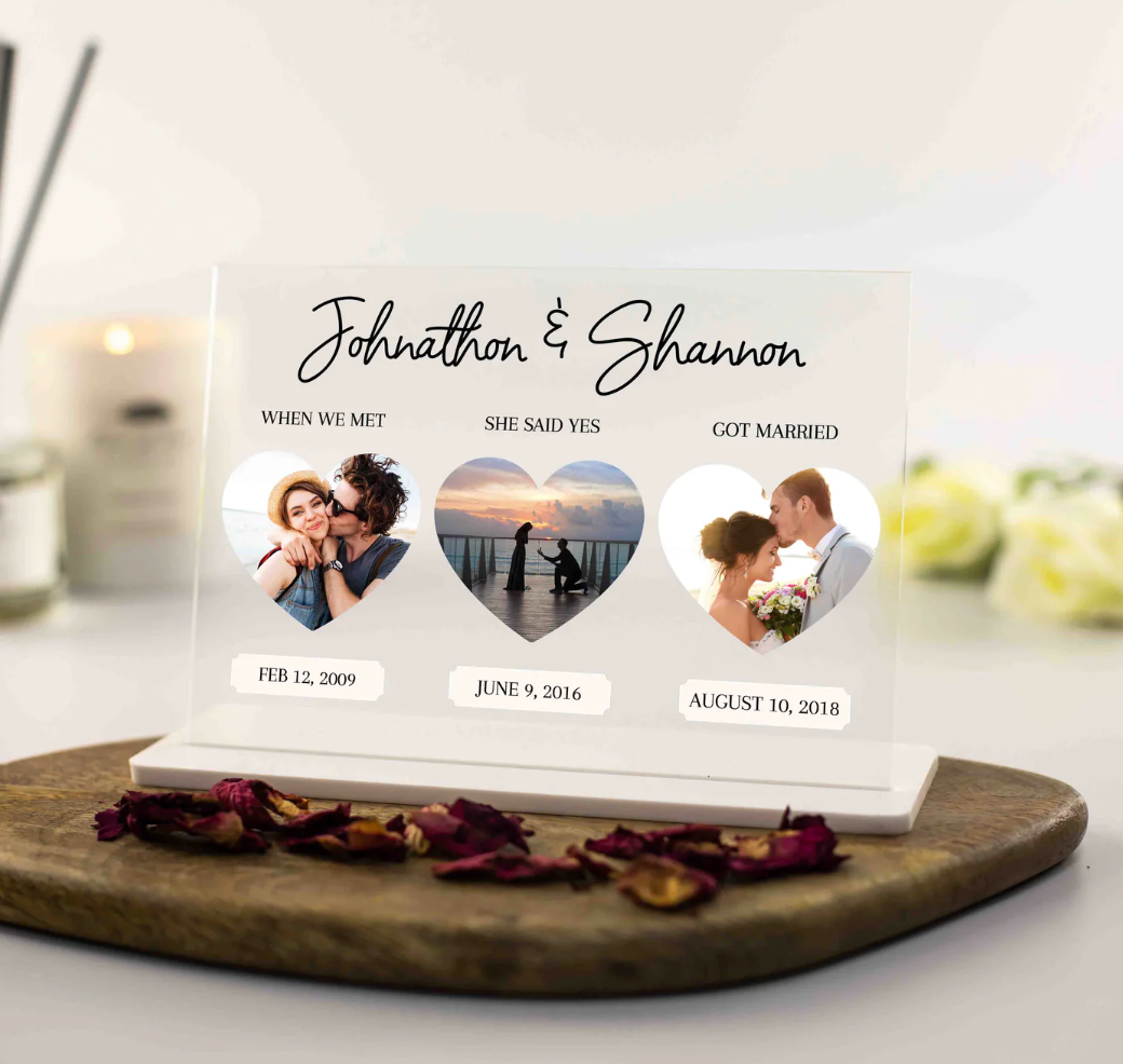 Custom anniversary relationship timeline and photos acrylic plaque with slimline stand