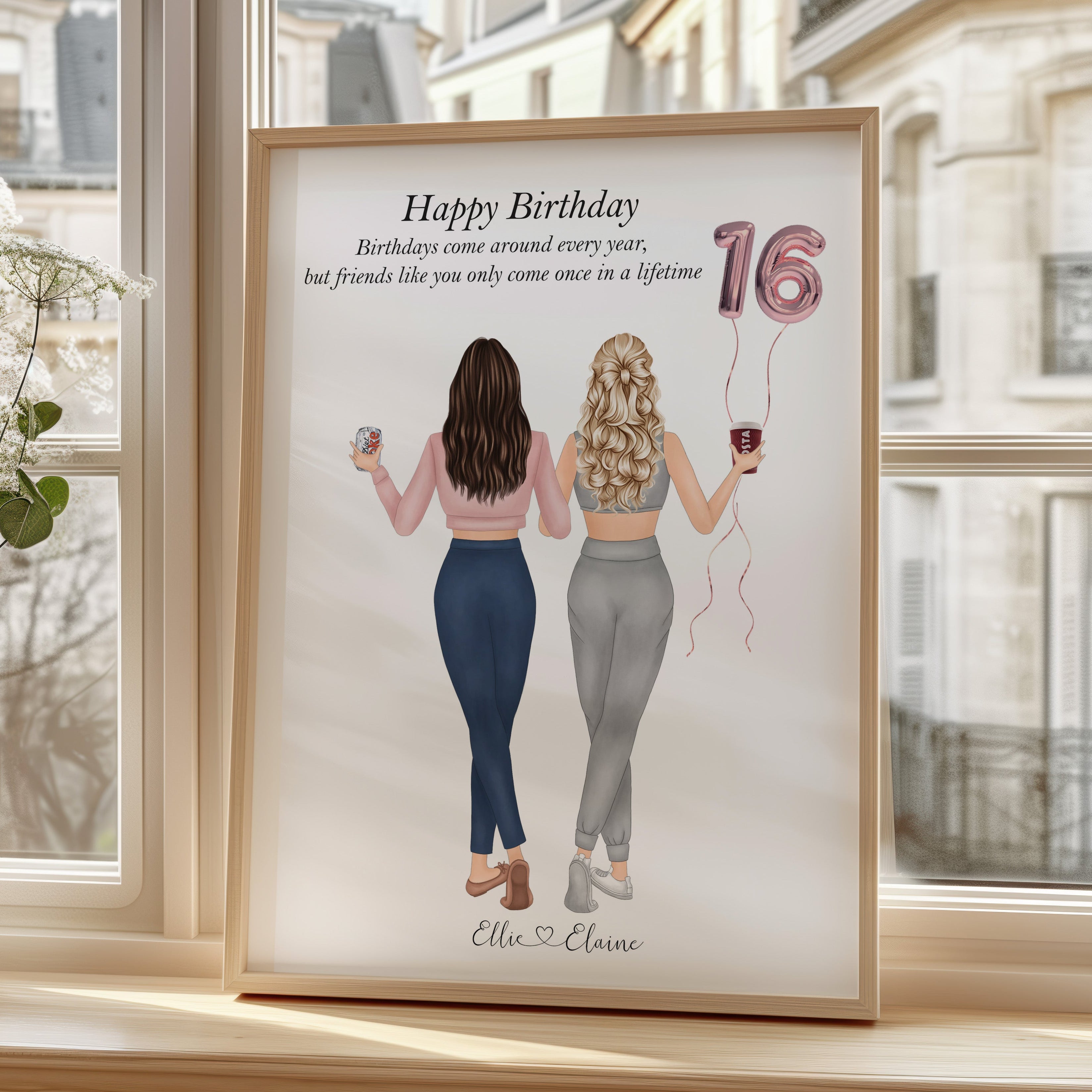 Personalised 16th birthday print for 2 girls with balloon for bestie, bff, daughter, sister. Backview picture keepsake print with live preview