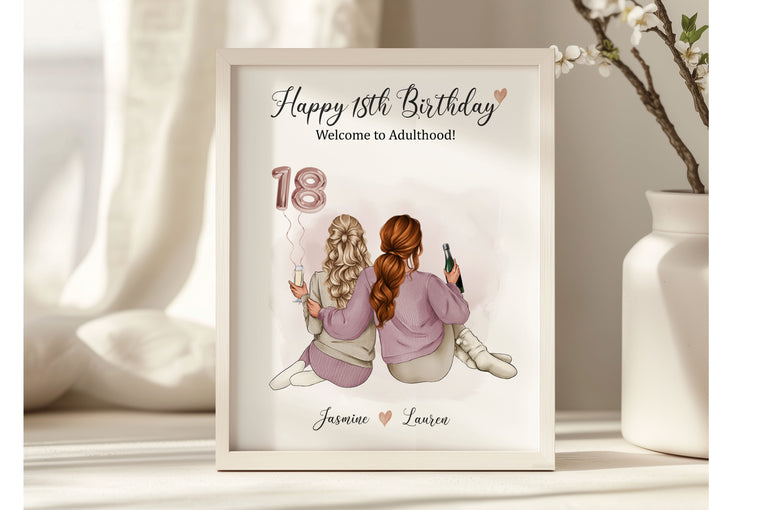 Personalised 18th birthday gift print with 2 best friends illustration and age balloon
