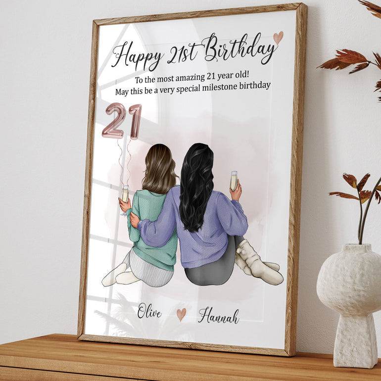 Personalised 21st birthday gift for sister, best friend, cousin or coworker
Unframed milestone birthday art print with custom hairstyles, outfits, and age balloon
21st birthday personalised keepsake print with friendship quote and balloon