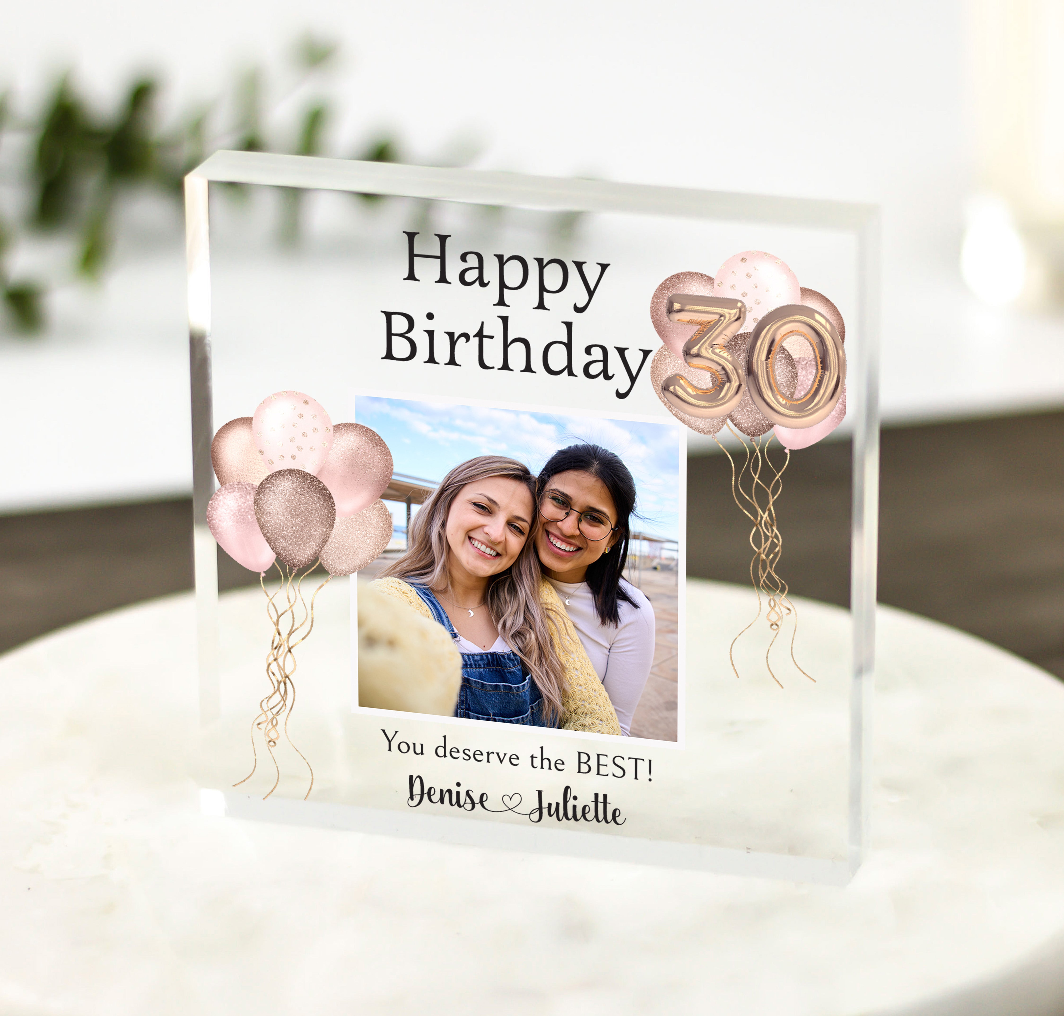 Personalised Birthday Acrylic Block with Photo and Age Balloons