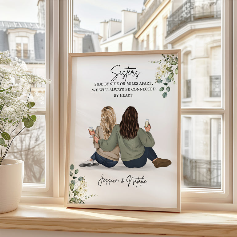 Faceless portrait sisters print with names and quote