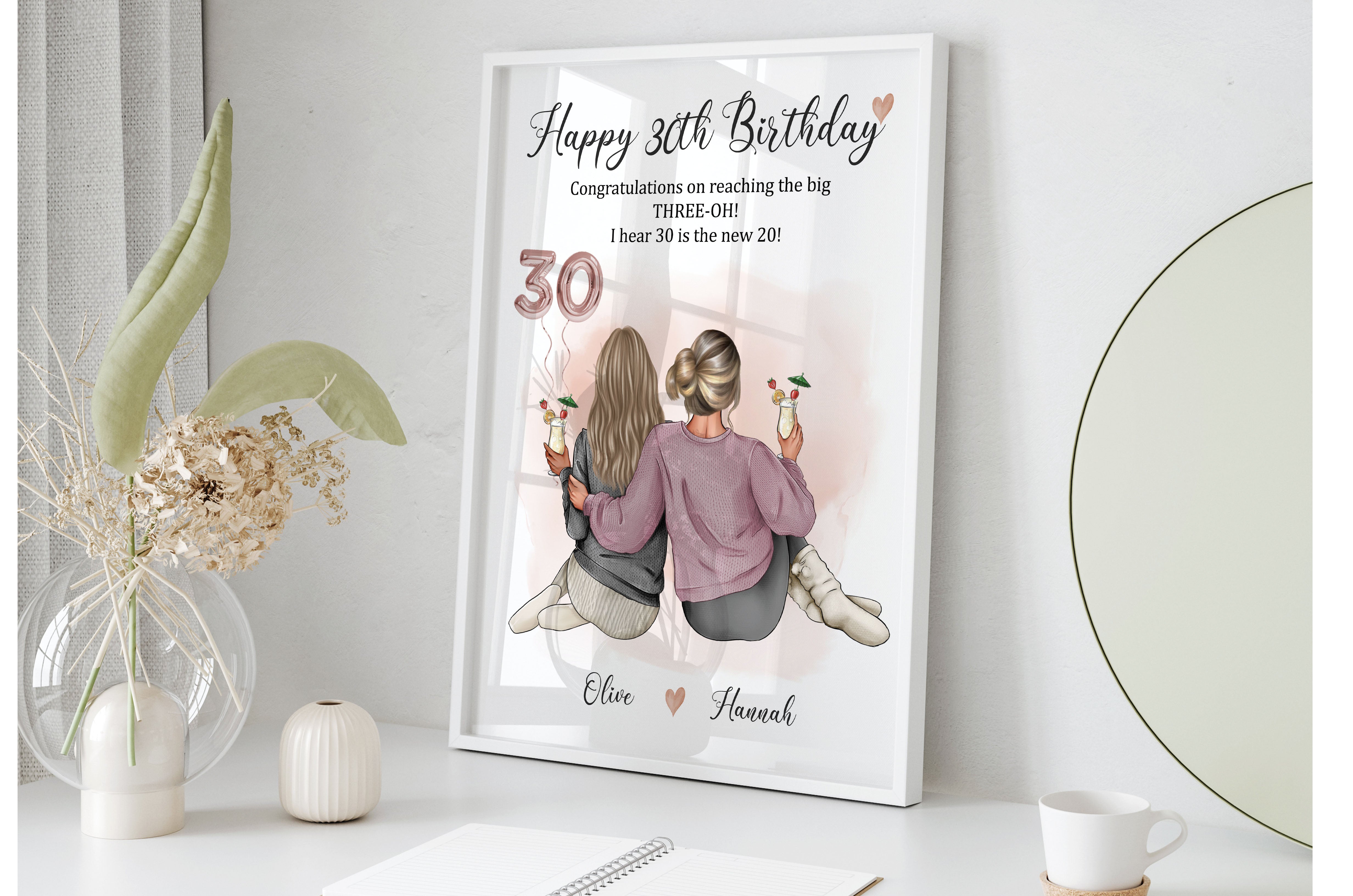Personalised 30th birthday gift print with 2 best friends illustration and age balloon