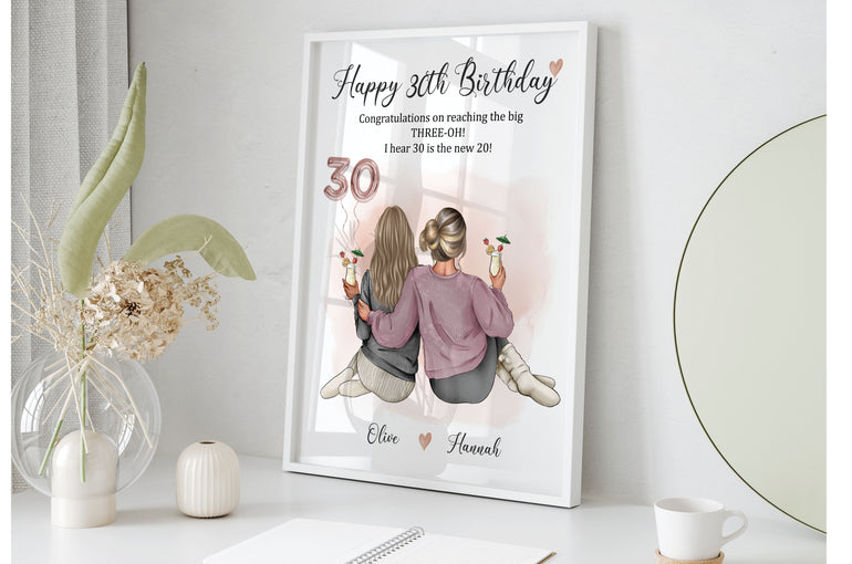 Personalised 30th birthday gift print with 2 best friends illustration and age balloon