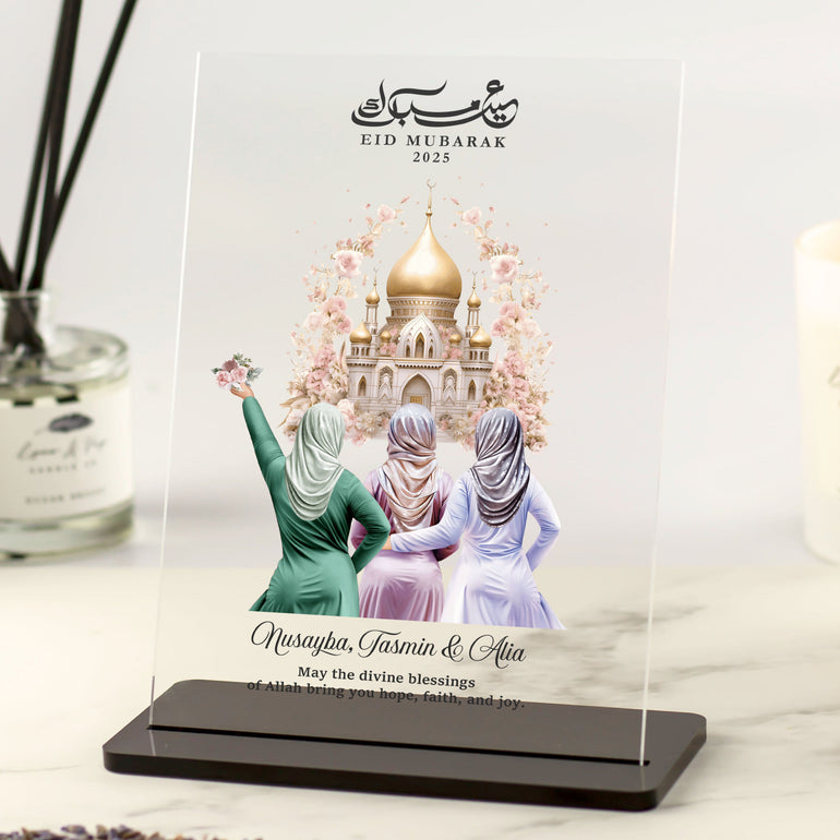 3 muslim females eid mubarak acrylic plaque gift best friends birthday gift islamic gifts friendship hijab wearing drawing faceless portrait