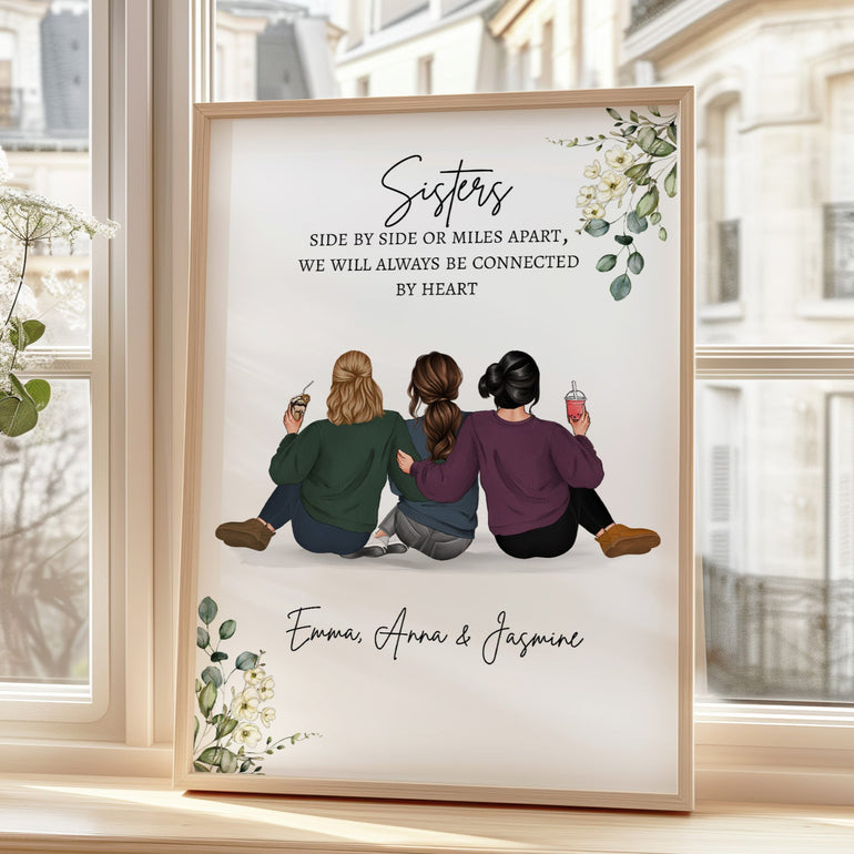 Personalised 3 sisters backview print custom illustration
