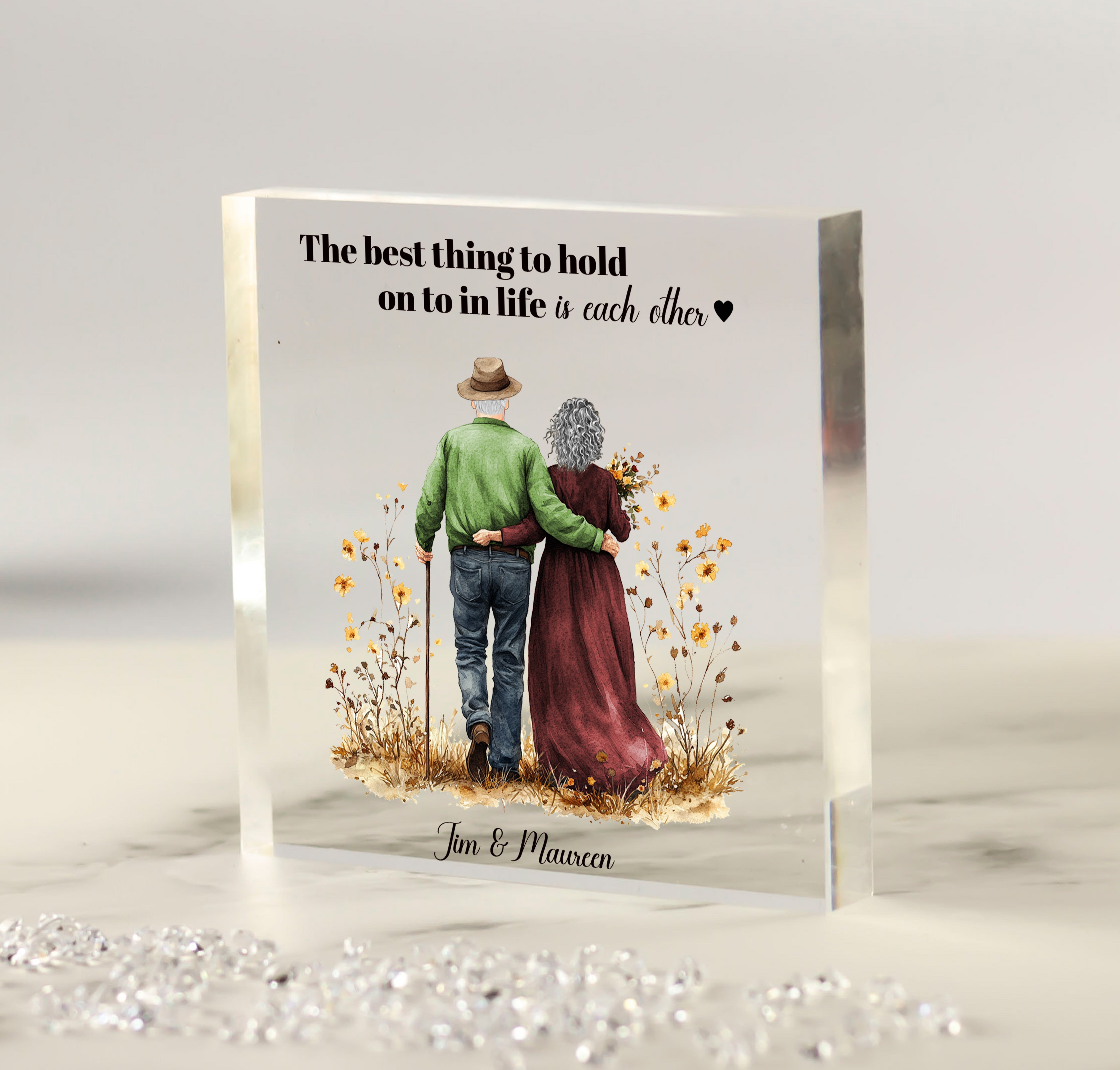 Older Couple Customisable Illustration with Scenic Background - Personalised Acrylic Block