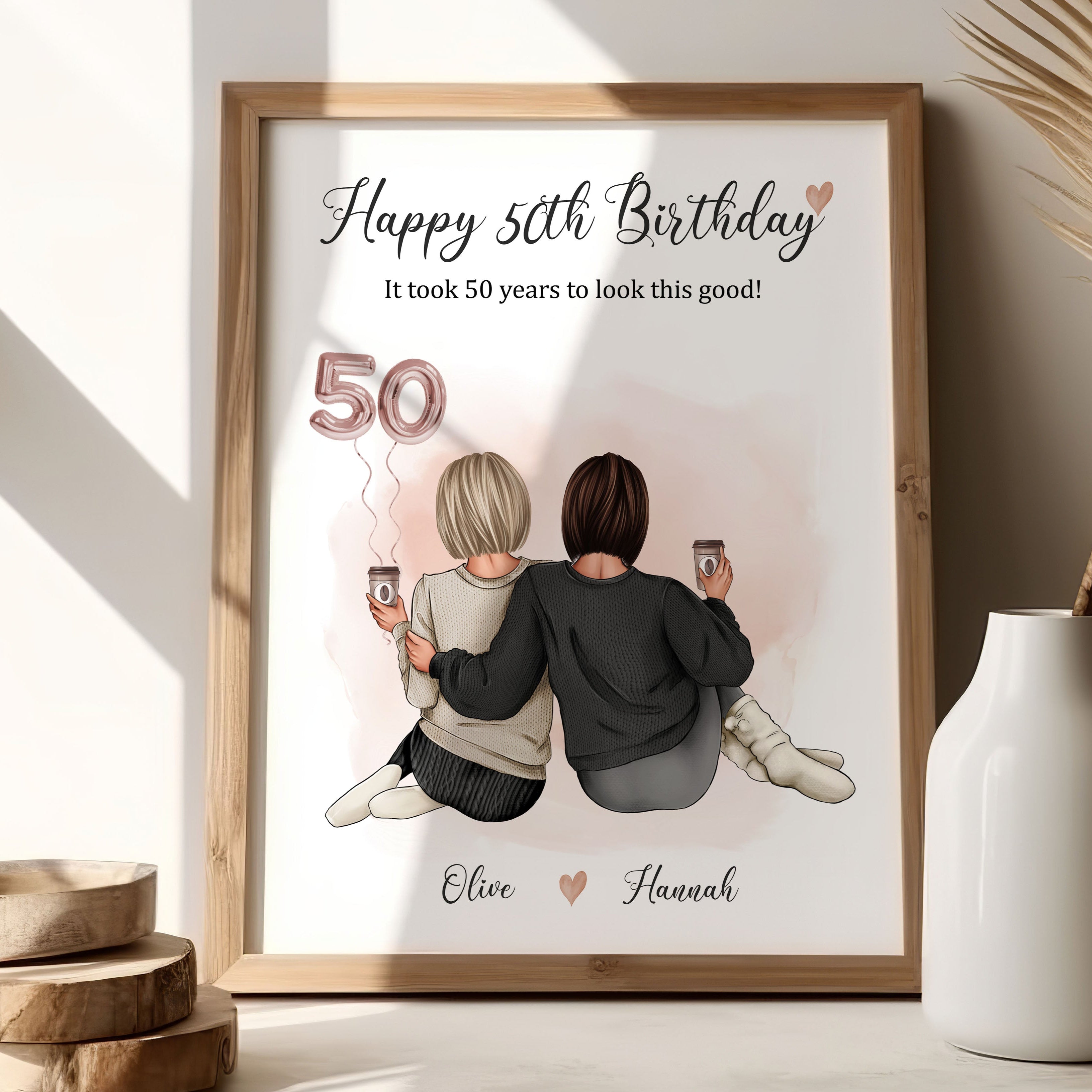 Personalised 50th birthday gift print with 2 best friends illustration and age balloon