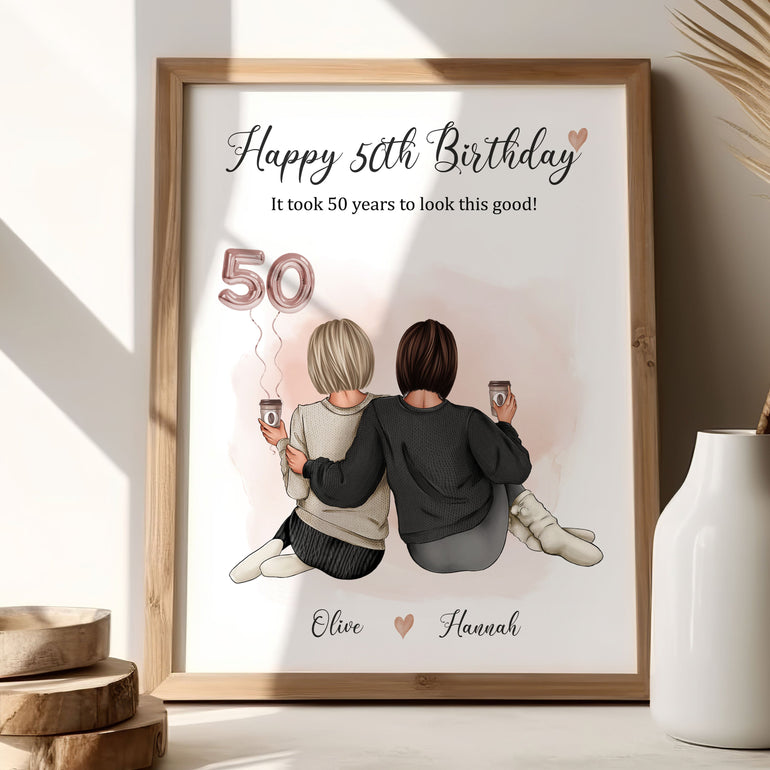 Personalised 50th birthday gift print with 2 best friends illustration and age balloon