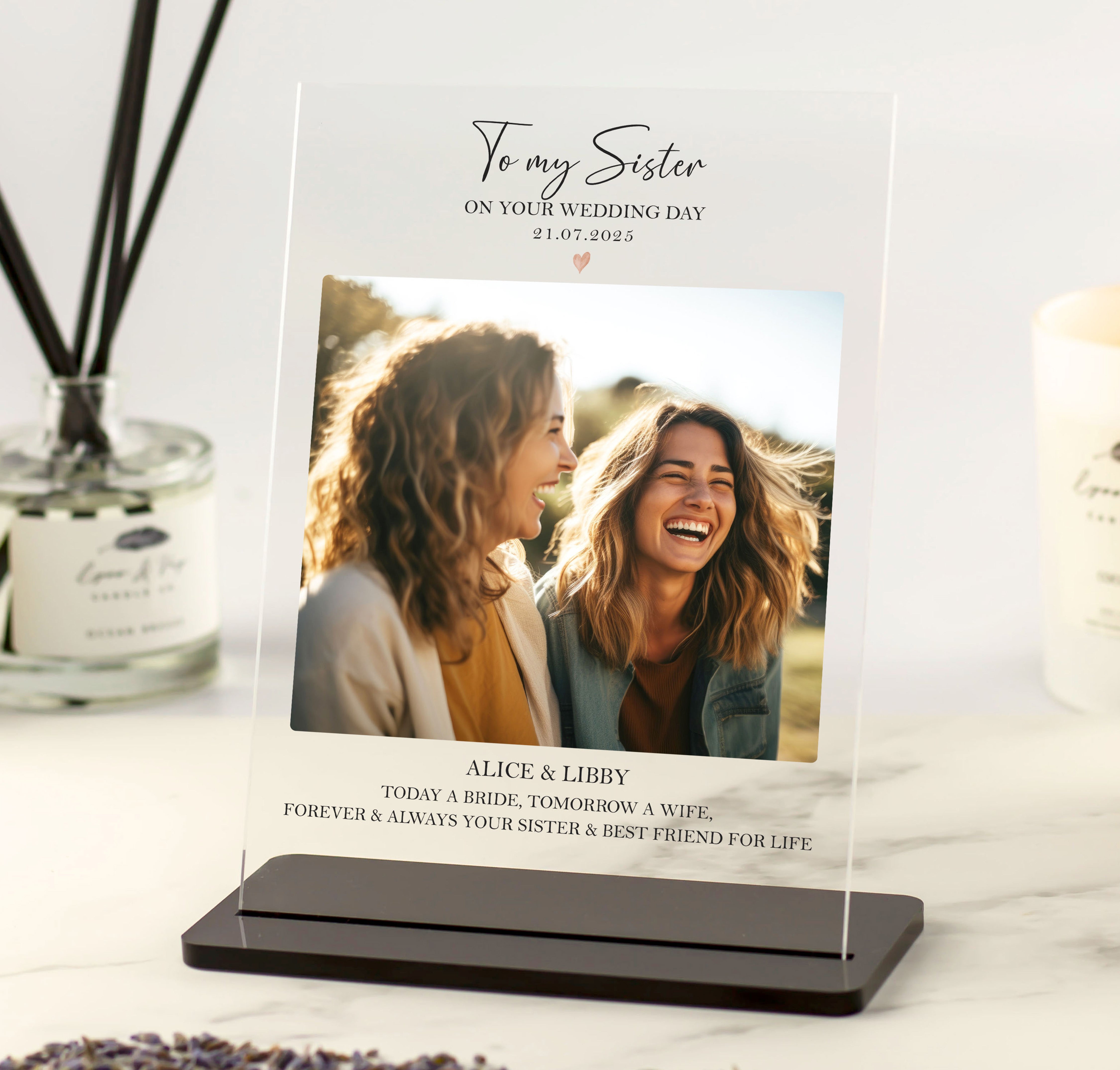 Personalised wedding day photo plaque gift from sibling to sister featuring heartfelt message and custom photo, printed on clear acrylic with black stand.