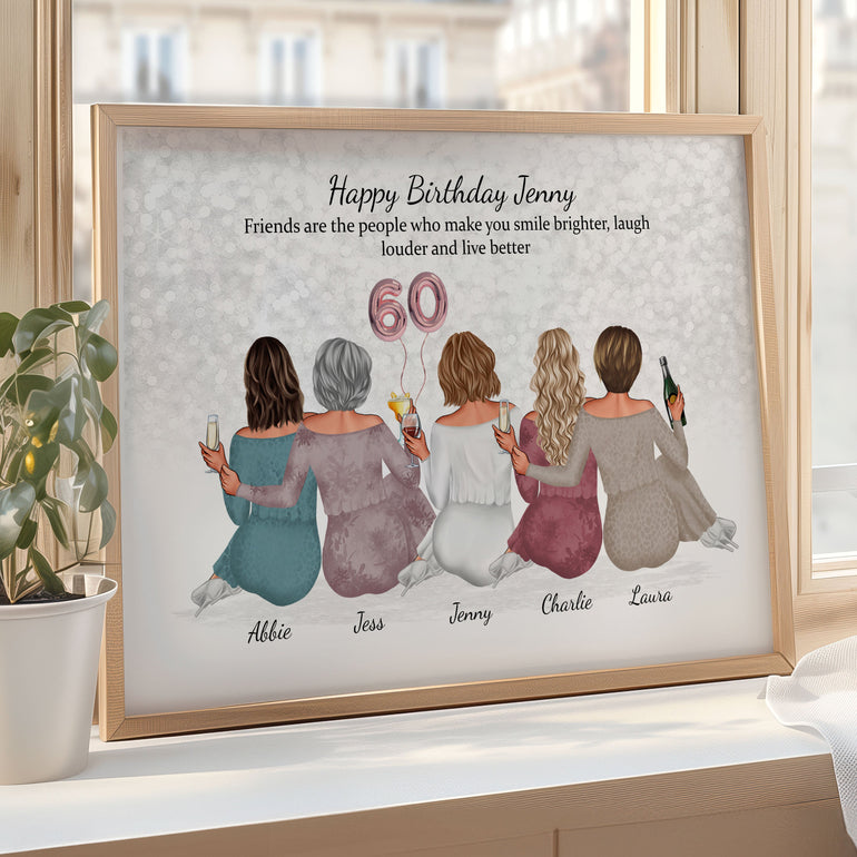 Personalised 60th birthday gift for her, Group Best Friends Birthday Print backview characters portrait, customise hair, skintones, clothing names and age