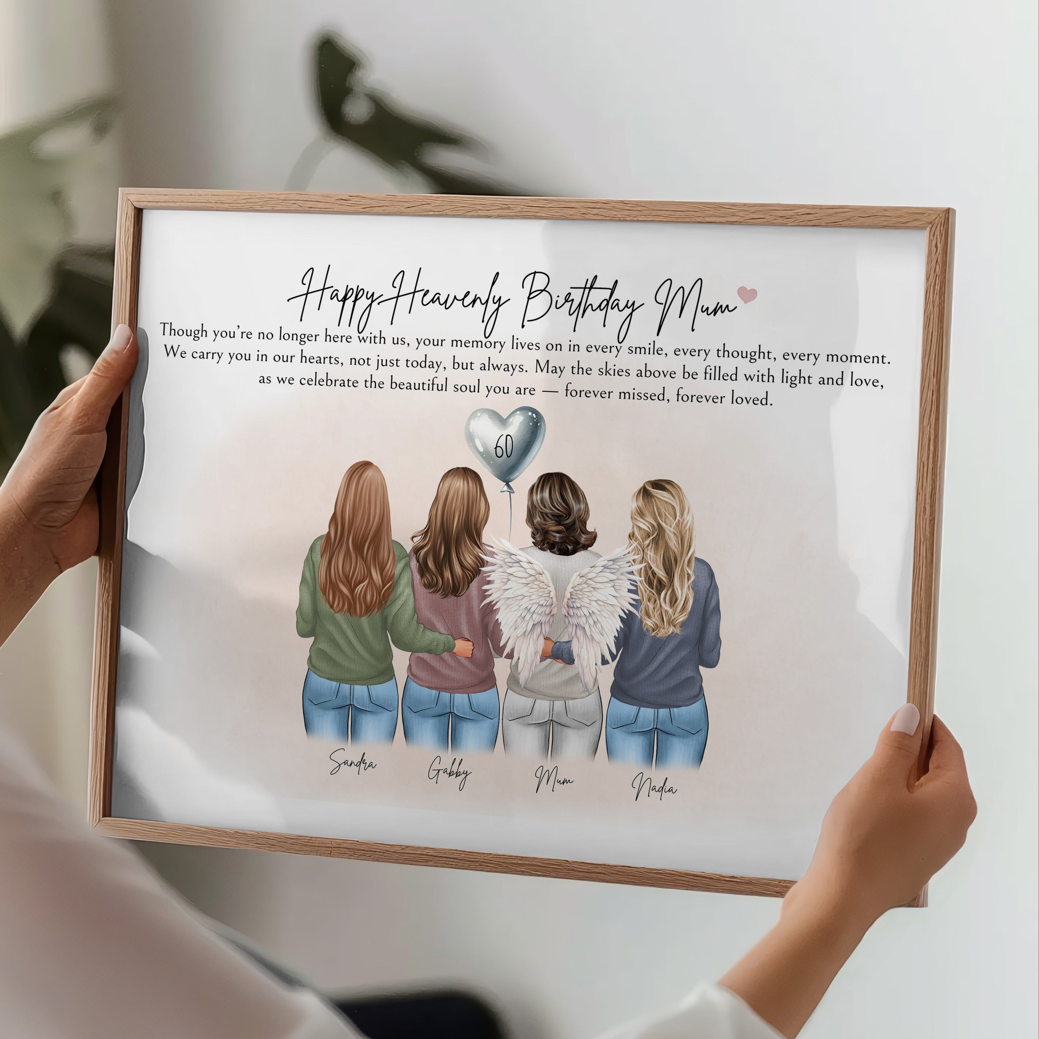 Custom memorial birthday print for mum in heaven with family illustration