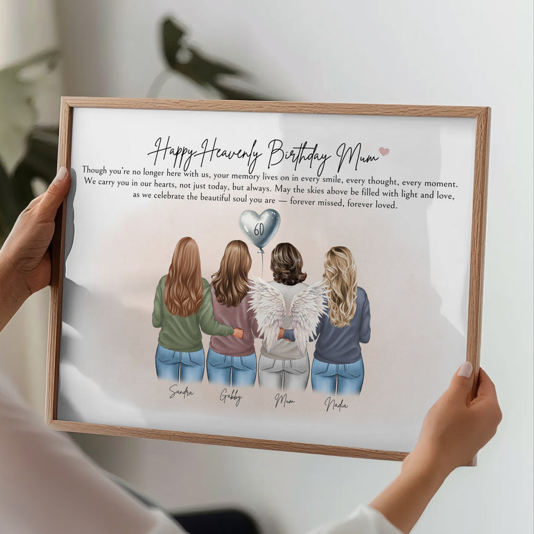 Custom memorial birthday print for mum in heaven with family illustration