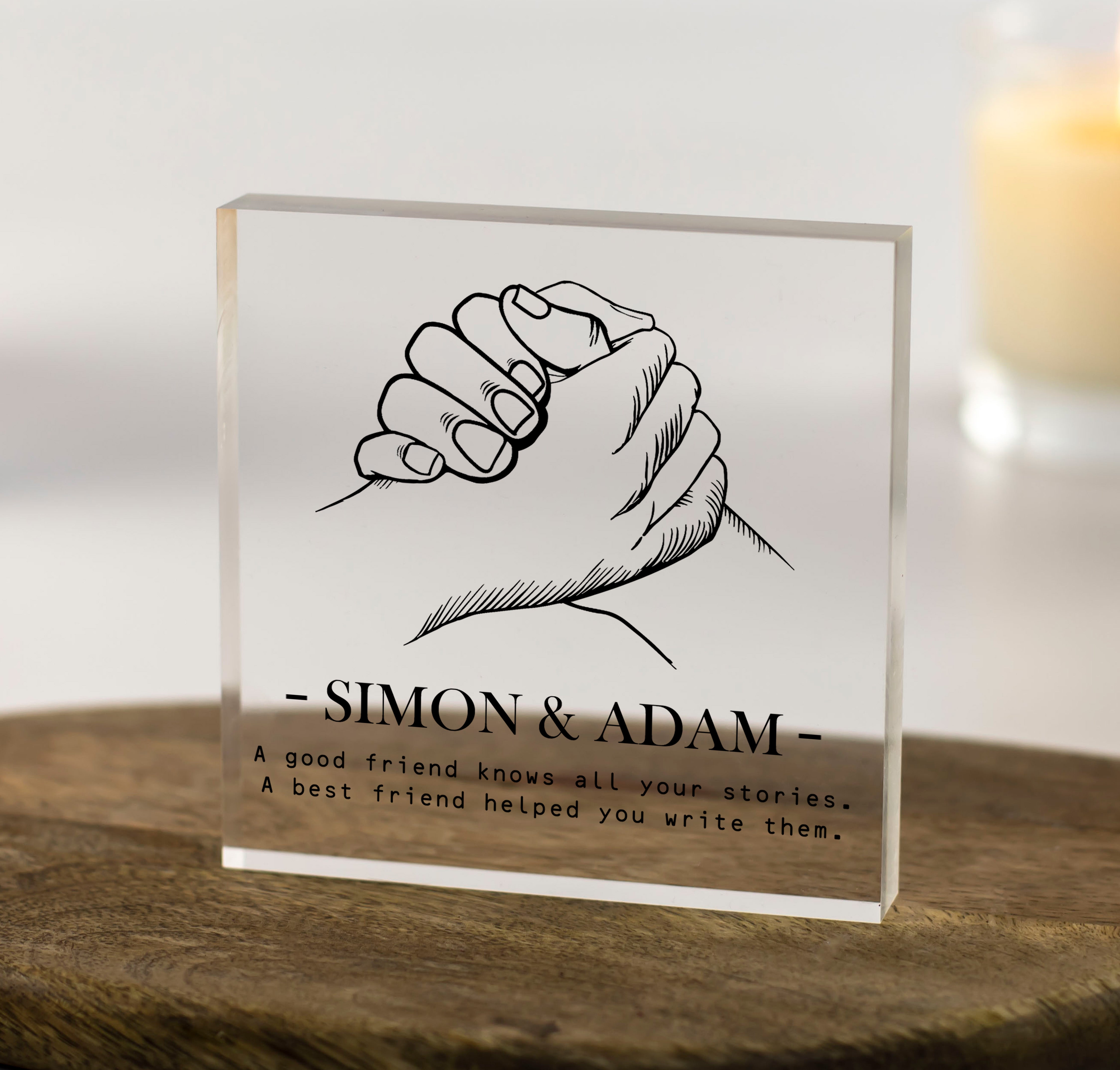 Male Friendship Hands Print with Personalised Names Acrylic Block