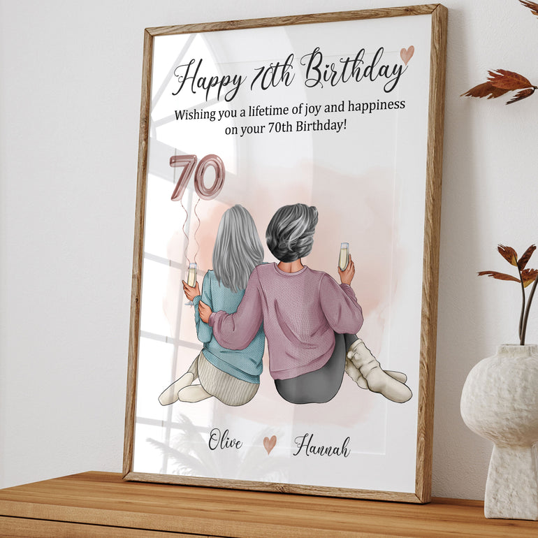 70th birthday keepsake art print for two best friends