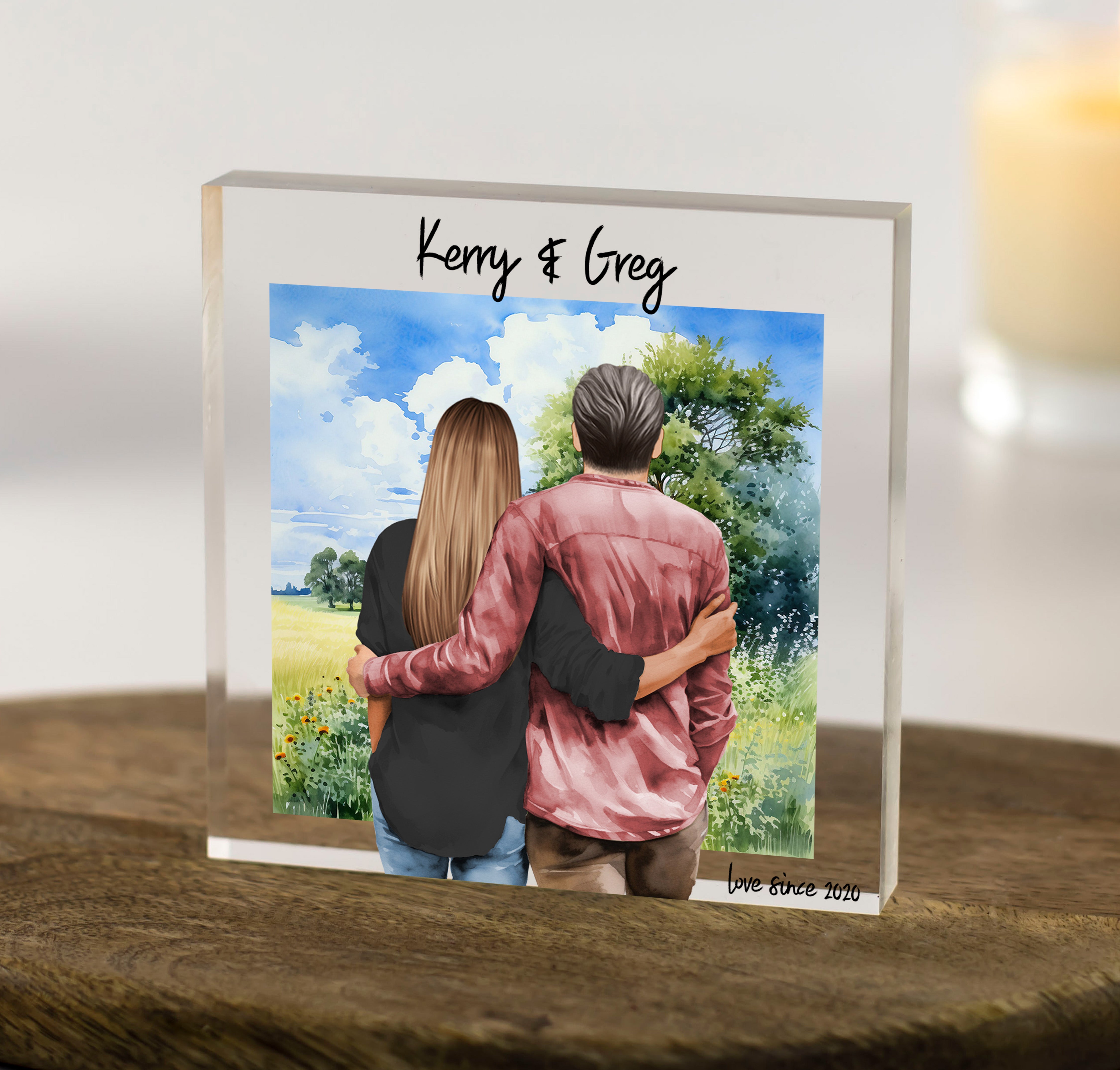 Couple Customisable Illustration with Scenic Background - Personalised Acrylic Block
