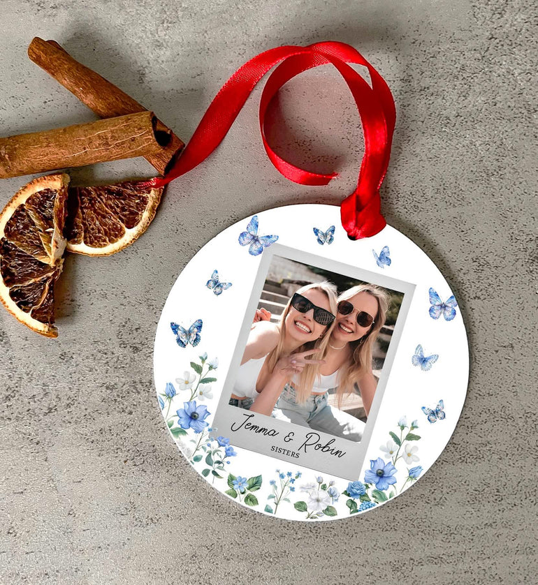 Polaroid Blue Butterflies and Wildflowers Sisters Photo - Decoration Acrylic Bauble