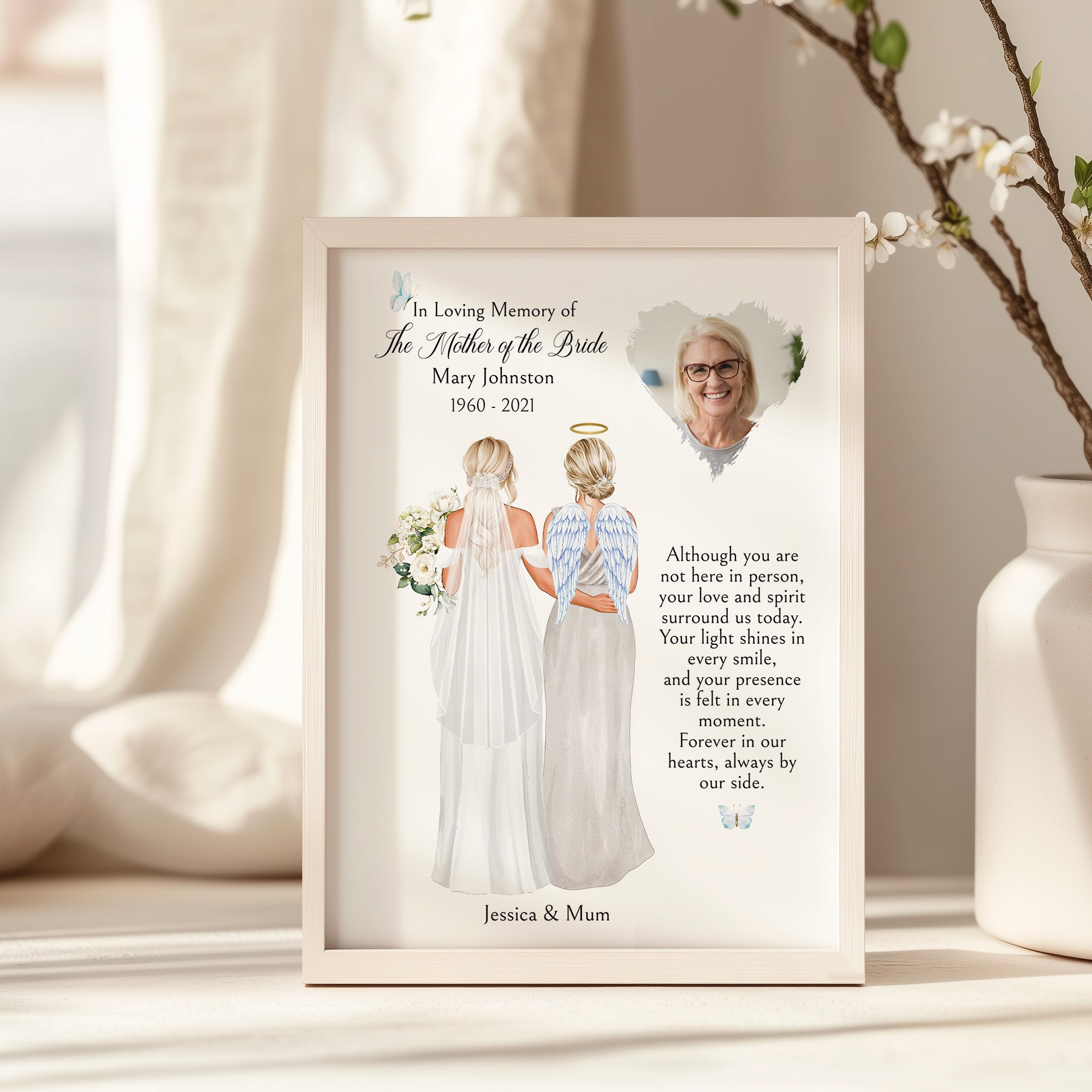 Custom Mother of the Bride memorial artwork featuring bride and mum back-view illustration, angel wings, halo, and heart-shaped remembrance photo.