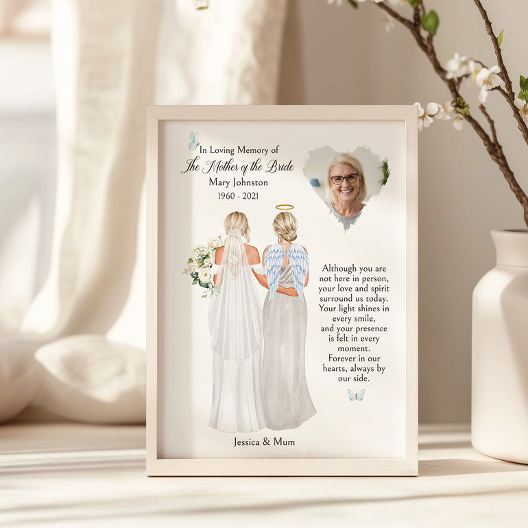Custom Mother of the Bride memorial artwork featuring bride and mum back-view illustration, angel wings, halo, and heart-shaped remembrance photo.