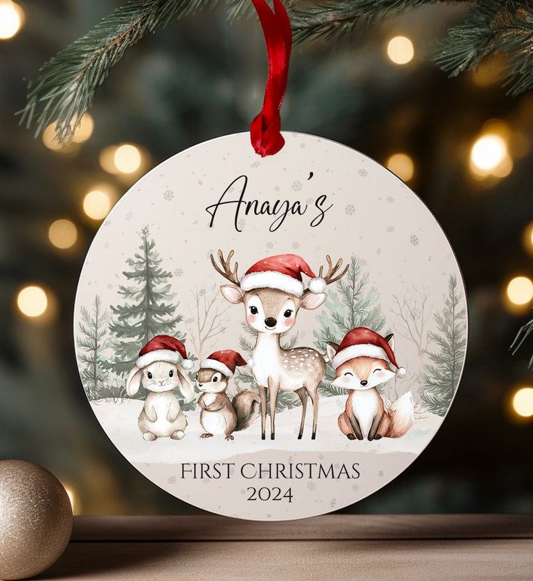 Baby’s first Christmas ornament with woodland animals