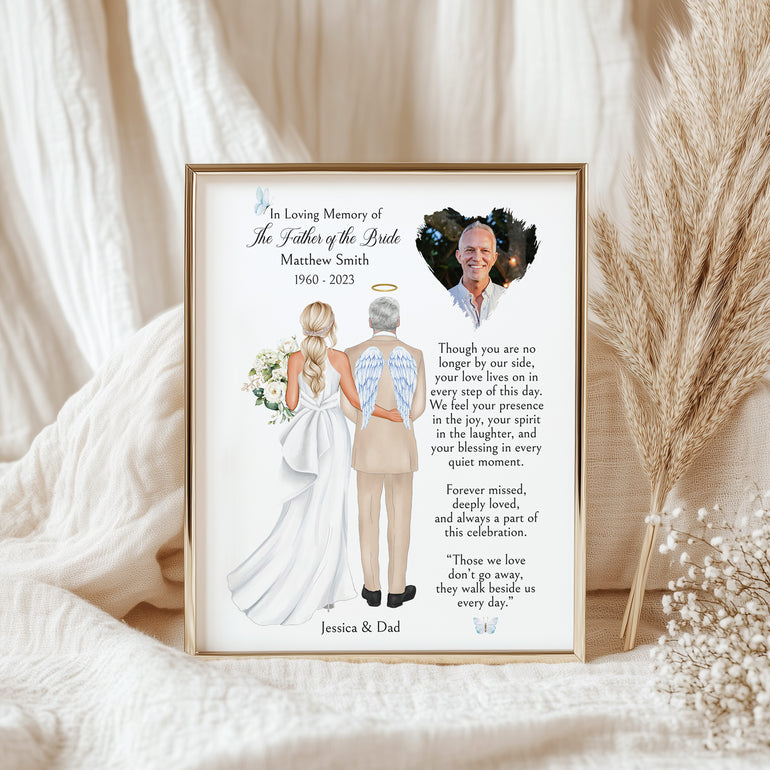 Personalised Father of the Bride memorial print with bride and dad back-view illustration, angel wings, halo, and heart-shaped photo.