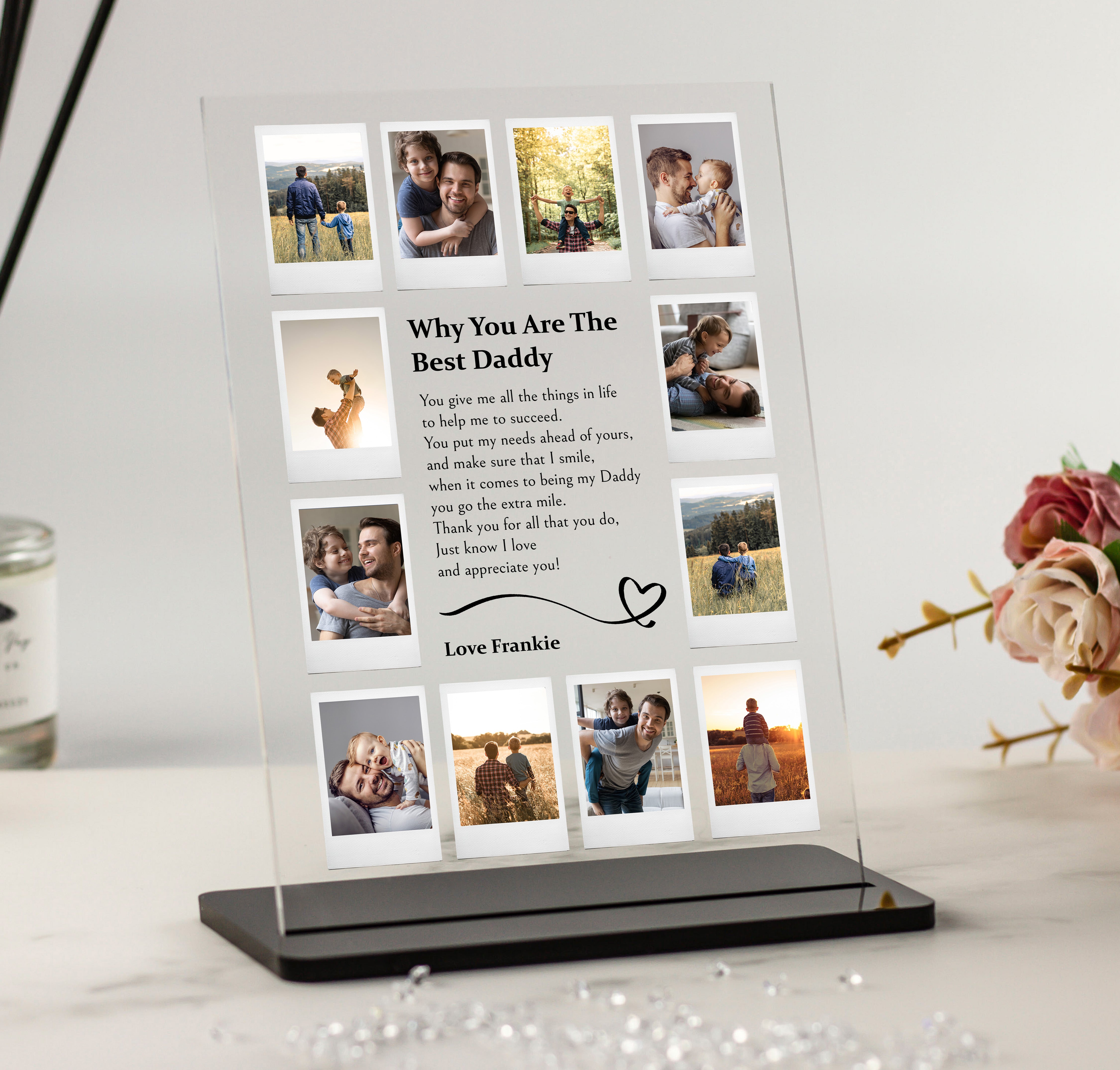 Personalised Father’s Day plaque featuring 12-photo collage, heartfelt poem and child’s name, with customisable stand options including black or wood base