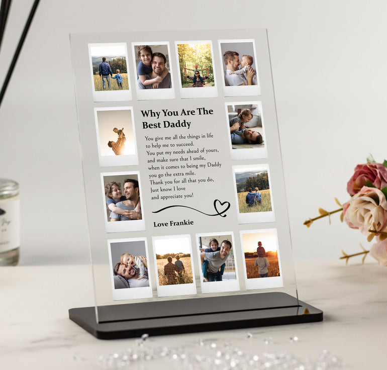 Personalised Father’s Day plaque featuring 12-photo collage, heartfelt poem and child’s name, with customisable stand options including black or wood base