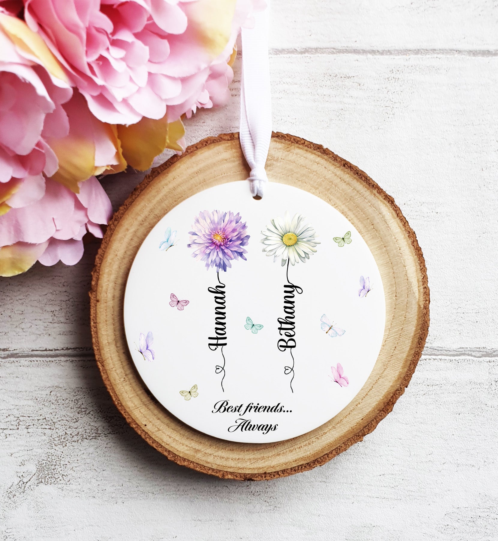 Personalised Friendship Gift, Two Flowers and Butterflies - Hanging Ornament