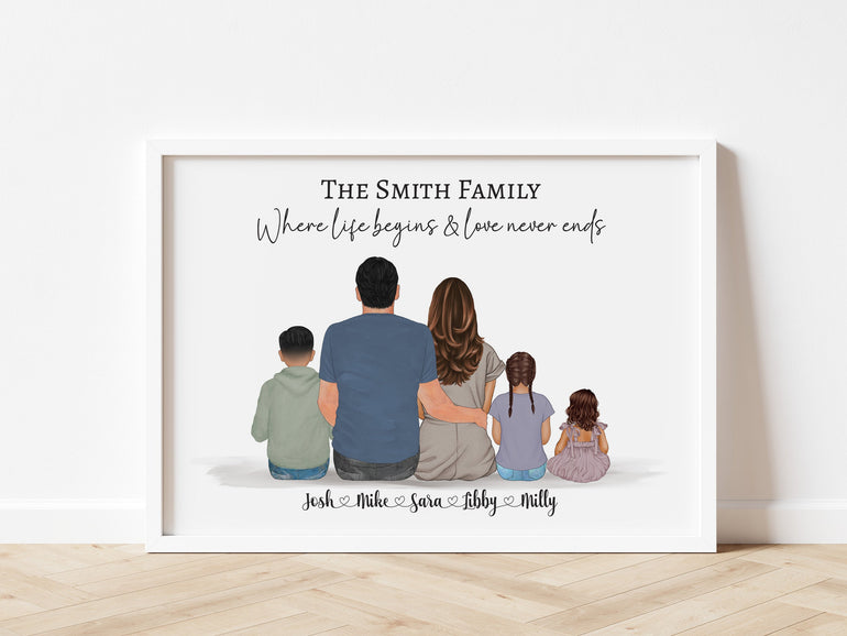 Personalised family portrait print with children and pets