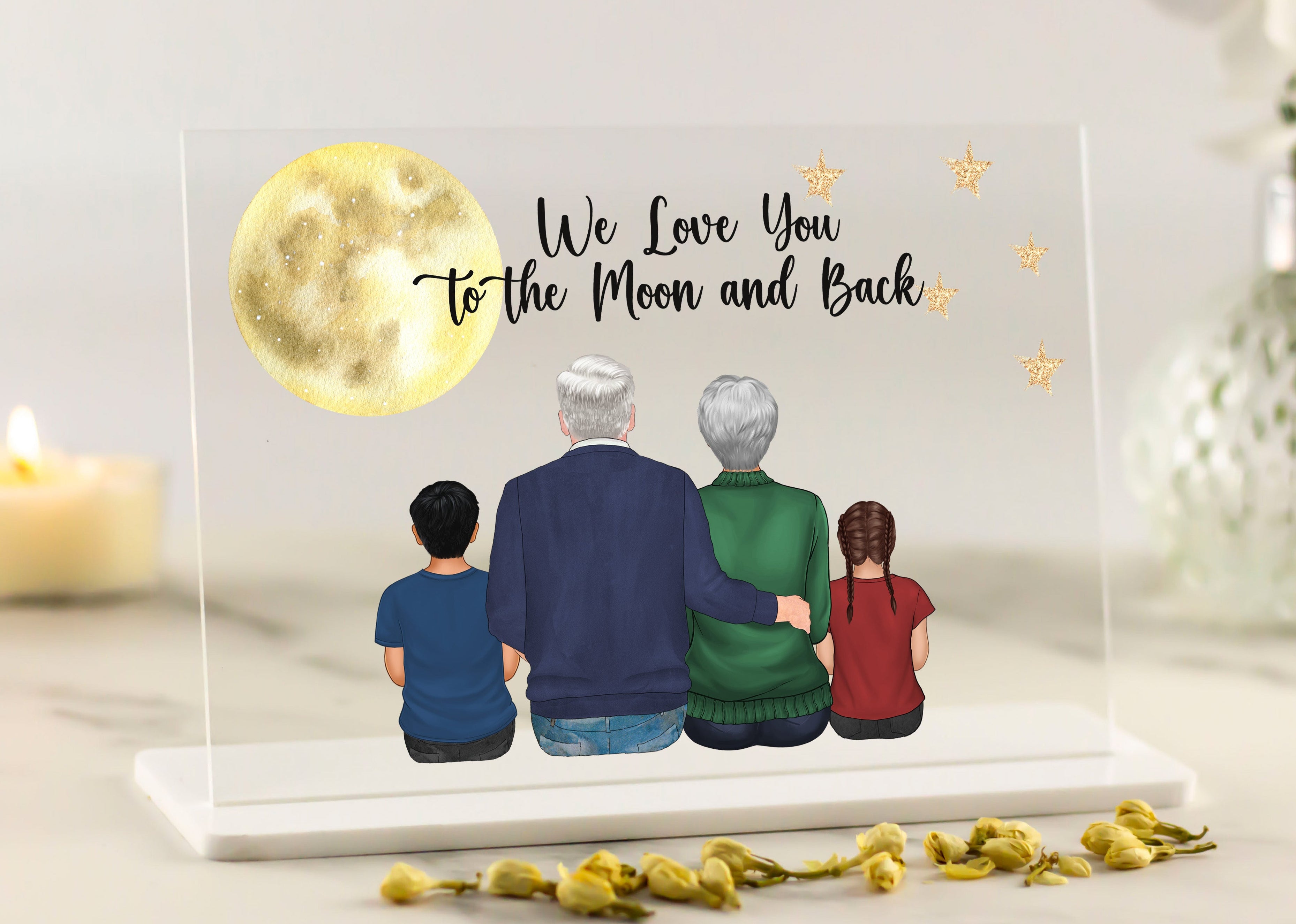 Decorative plaque with family illustration and 'We Love You to the Moon and Back' text on a light background.