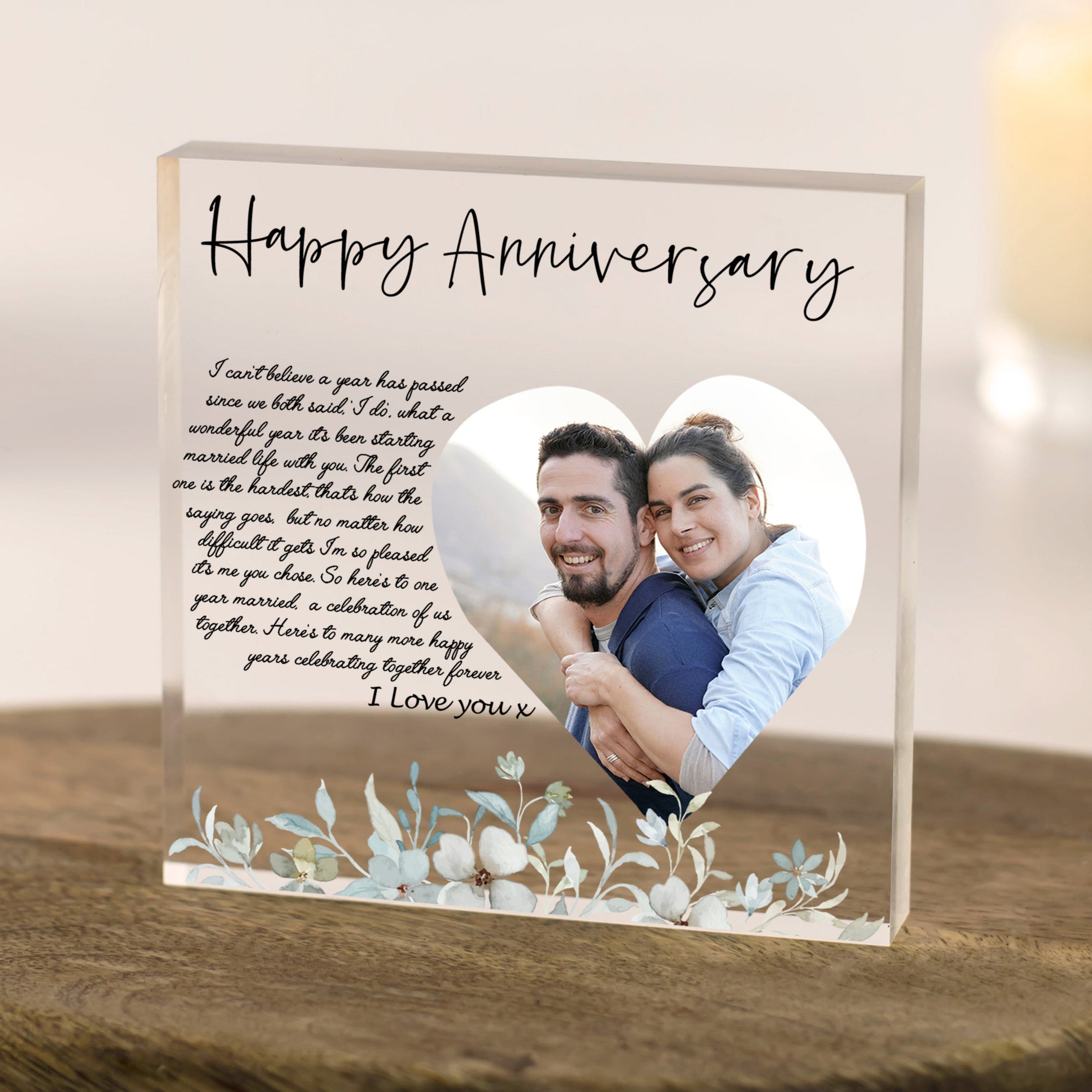 Personalised 1st anniversary acrylic photo block with poem