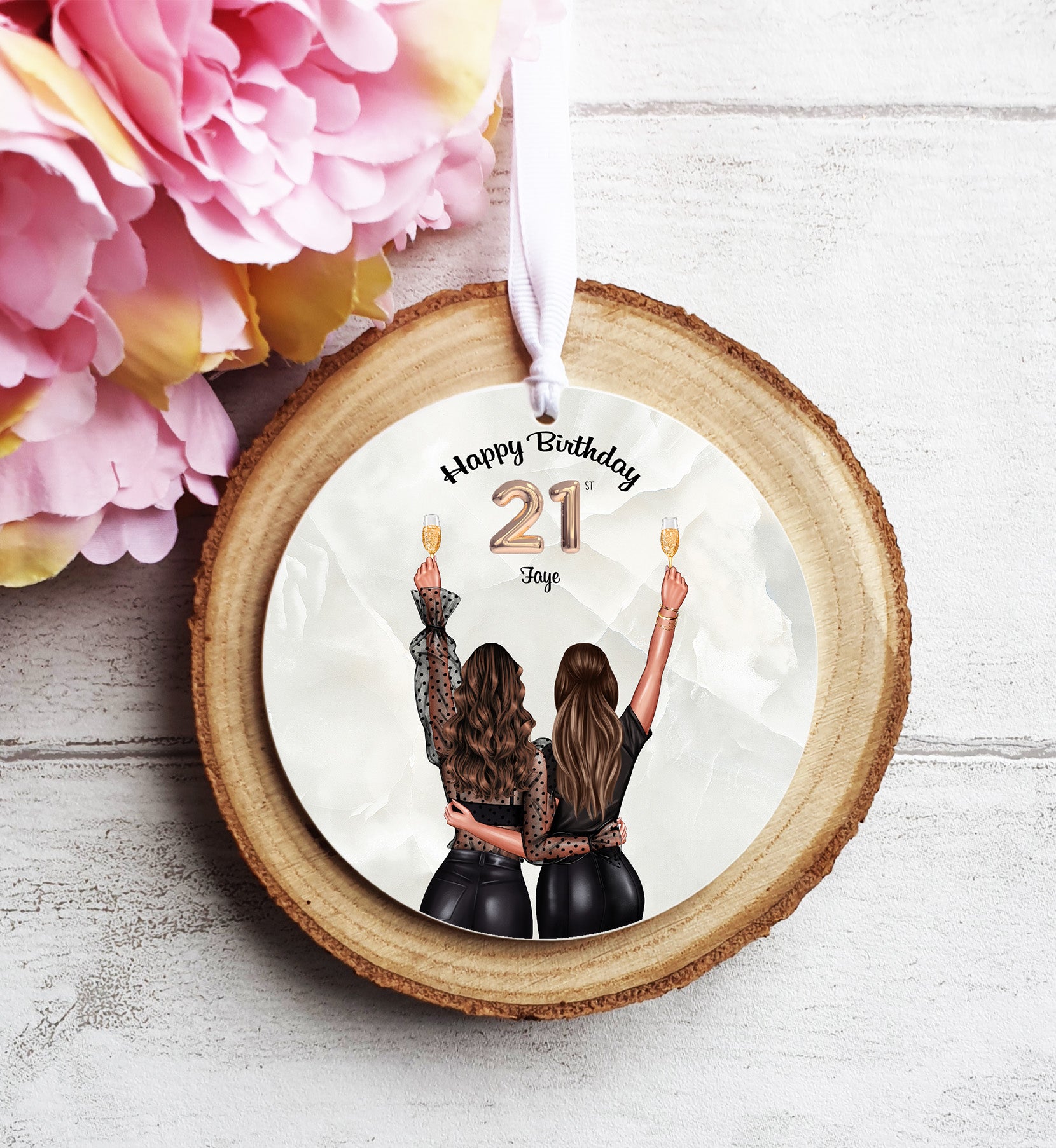 Personalised Birthday Gift, Two Friends with Balloon - Hanging Ornament