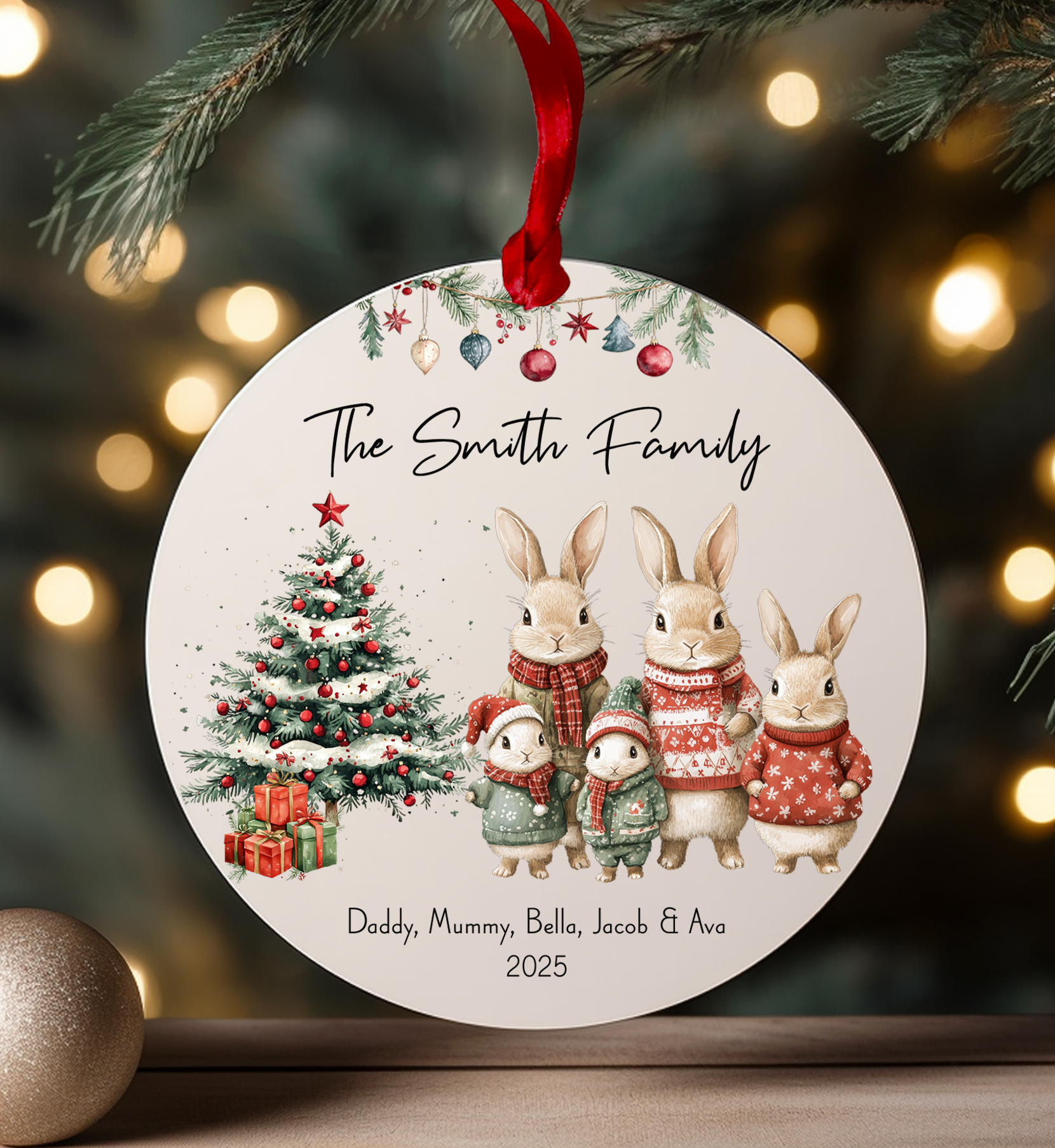 Personalised rabbit family Christmas bauble with names and year