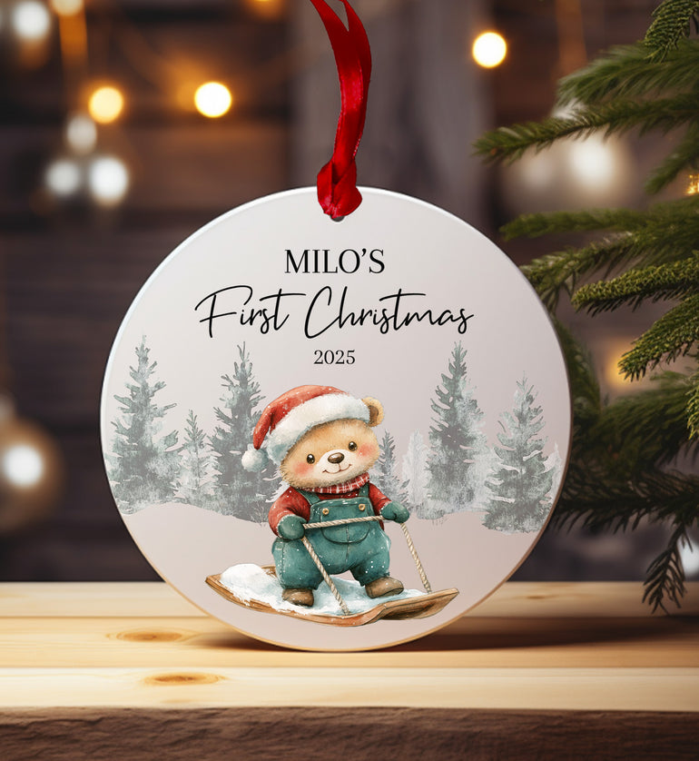 Personalised baby’s first Christmas bauble with bear design