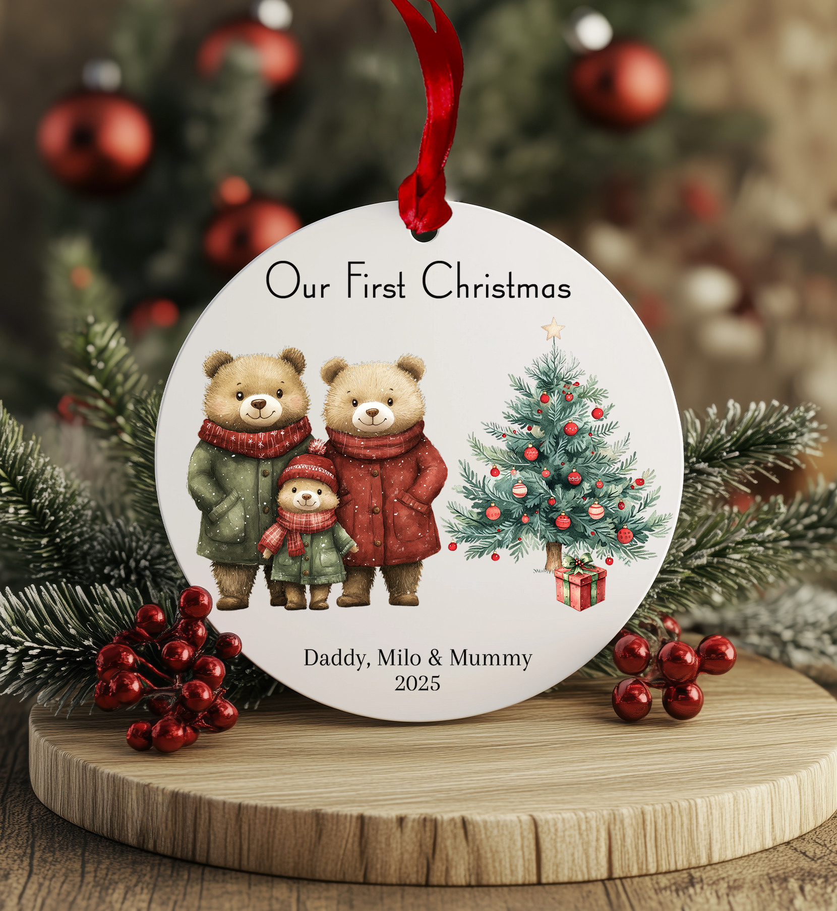 Personalised first Christmas bauble family of 3 bears with names