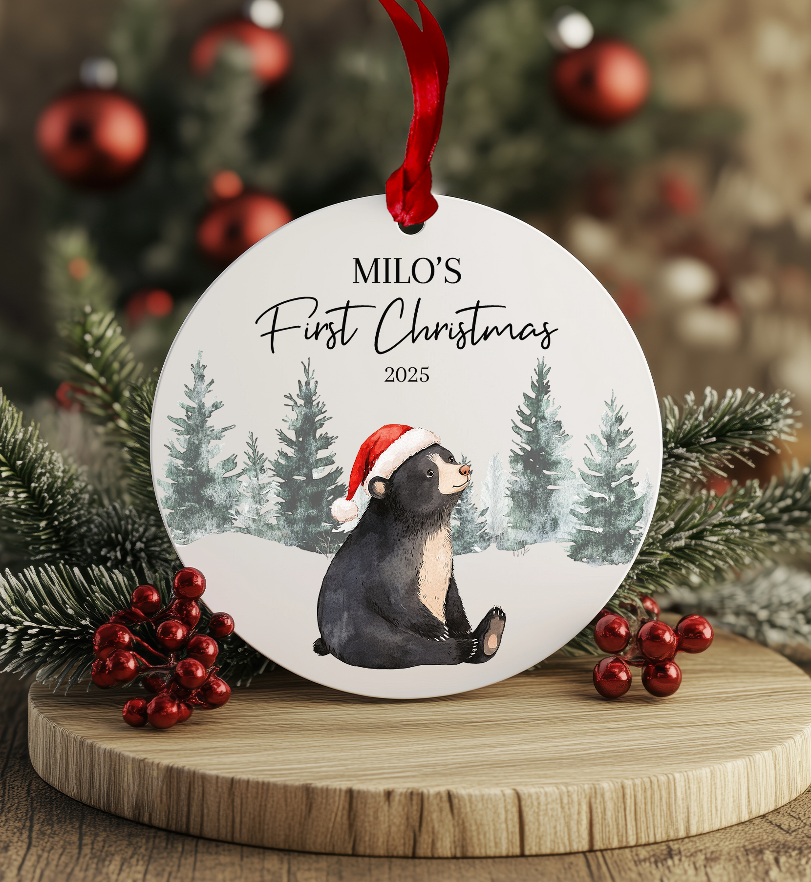 Personalised Baby’s First Christmas woodland animal bauble with name and year