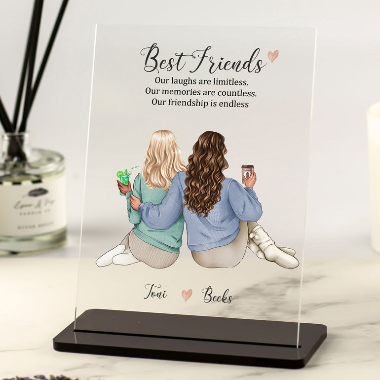 personalised best friend gift acrylic plaque, customise hair, clothing, skintones and drinks with names and custom message, ideal for birthday, christmas gifts