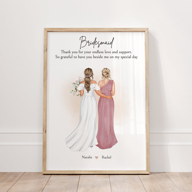 Custom bride and bridesmaid thank you print with personalised hairstyles, skin tones, and dresses, featuring names and heartfelt wedding message.
