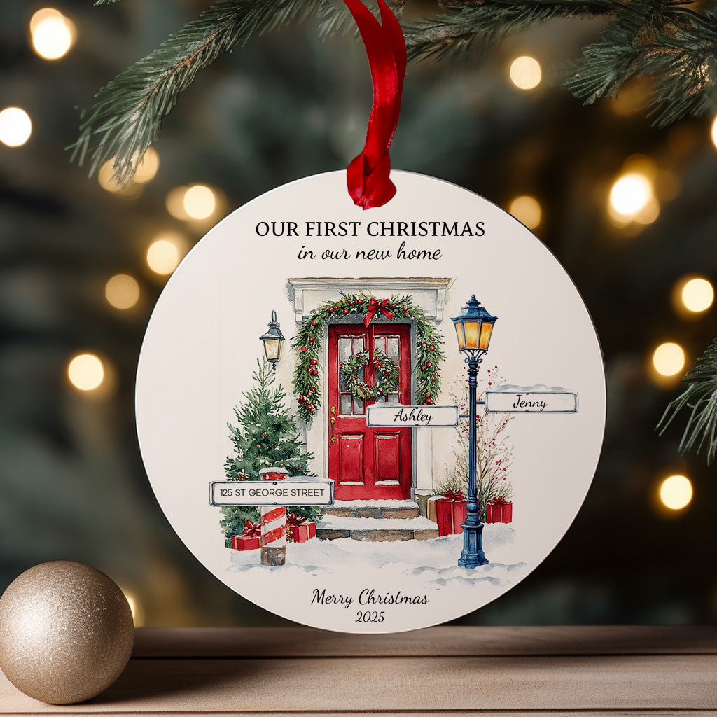 Personalised first Christmas in new home ornament with red door and signpost