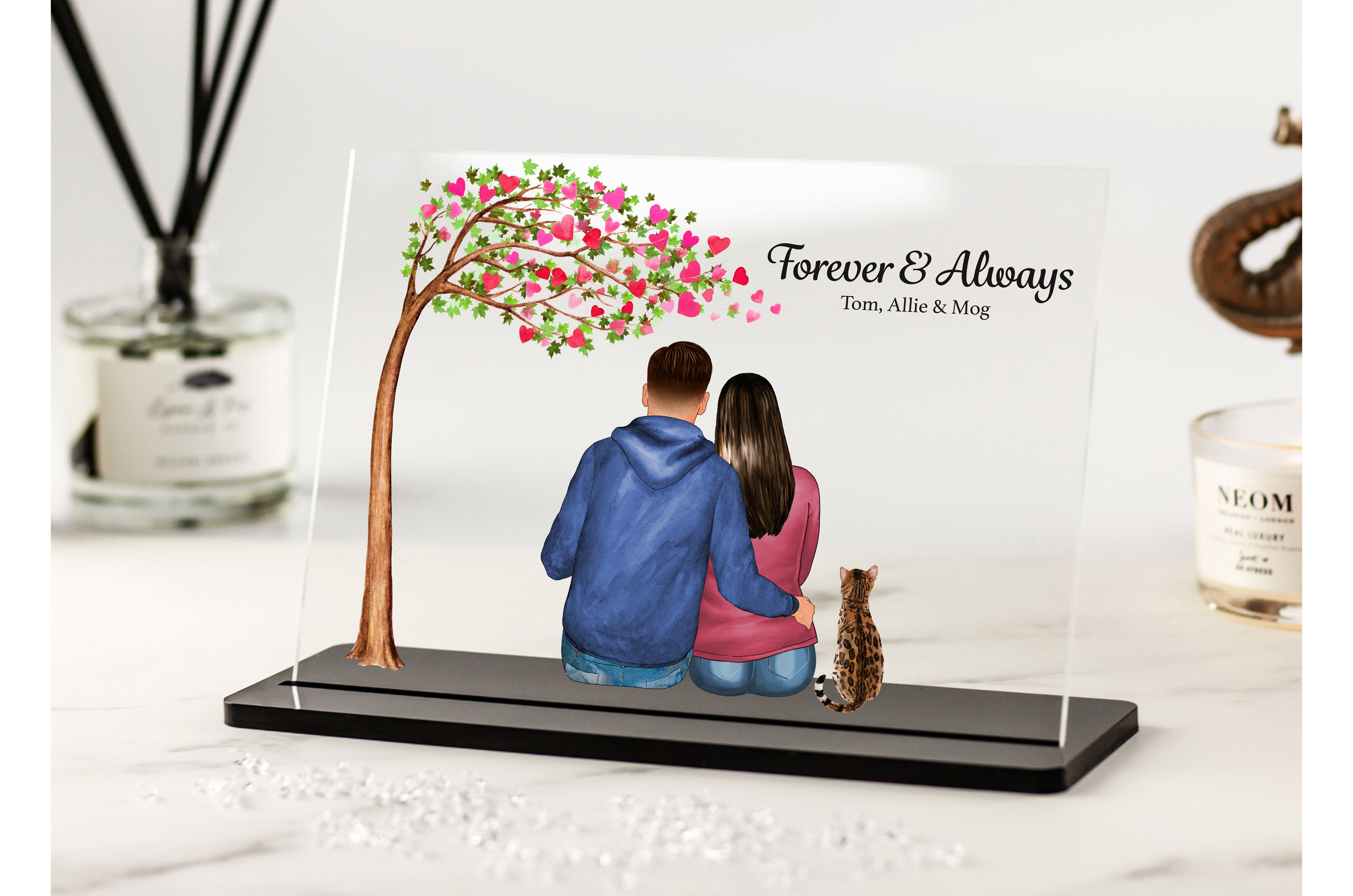 Personalised couple and pet portrait print acrylic plaque, ideal personal gift for valentines day, anniversary, new home, wedding gifts