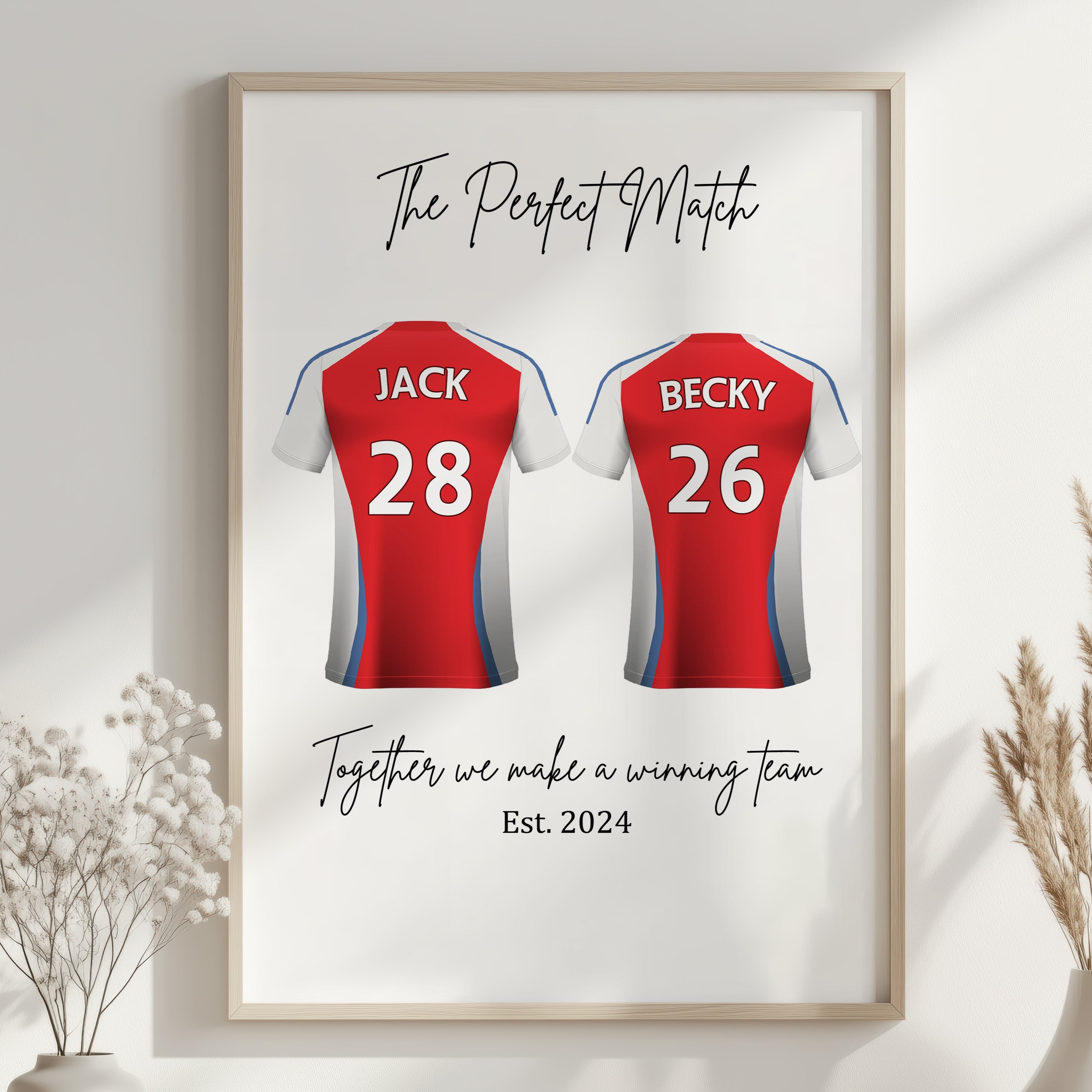 Personalised couple football shirt print wall art “The Perfect Match”