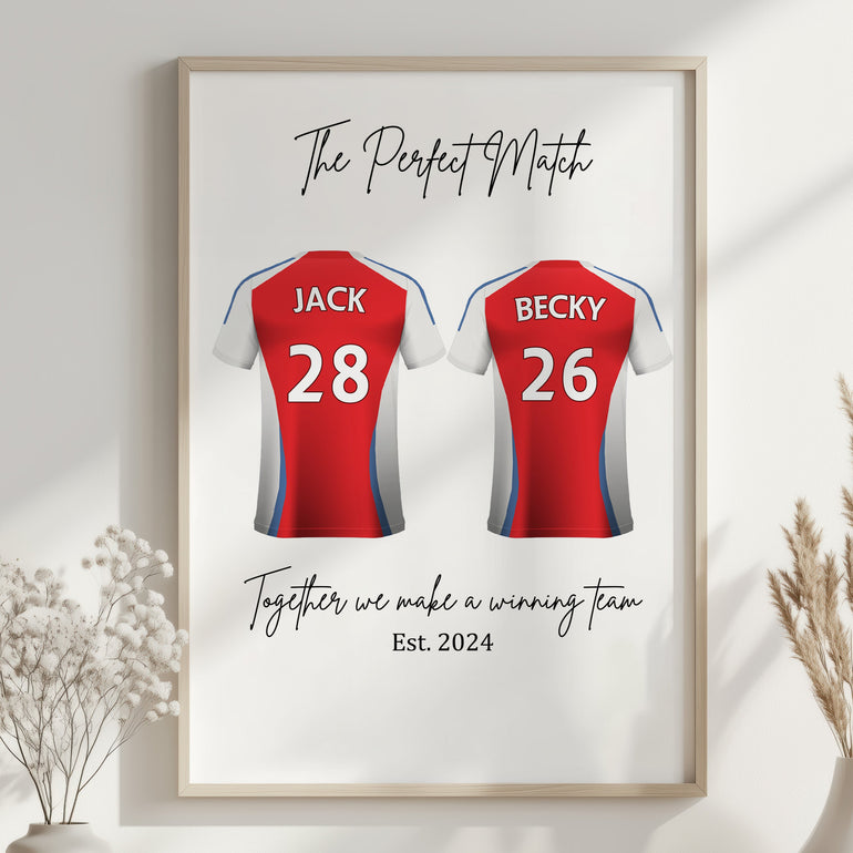 Personalised couple football shirt print wall art “The Perfect Match”