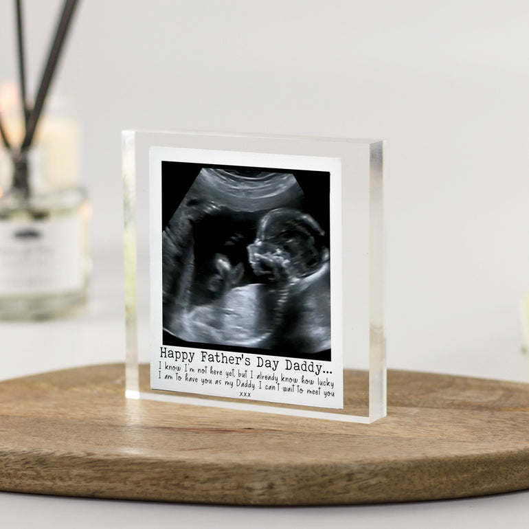 Personalised acrylic block with baby scan and message from unborn baby – first Father’s Day gift for daddy-to-be, freestanding keepsake photo block.