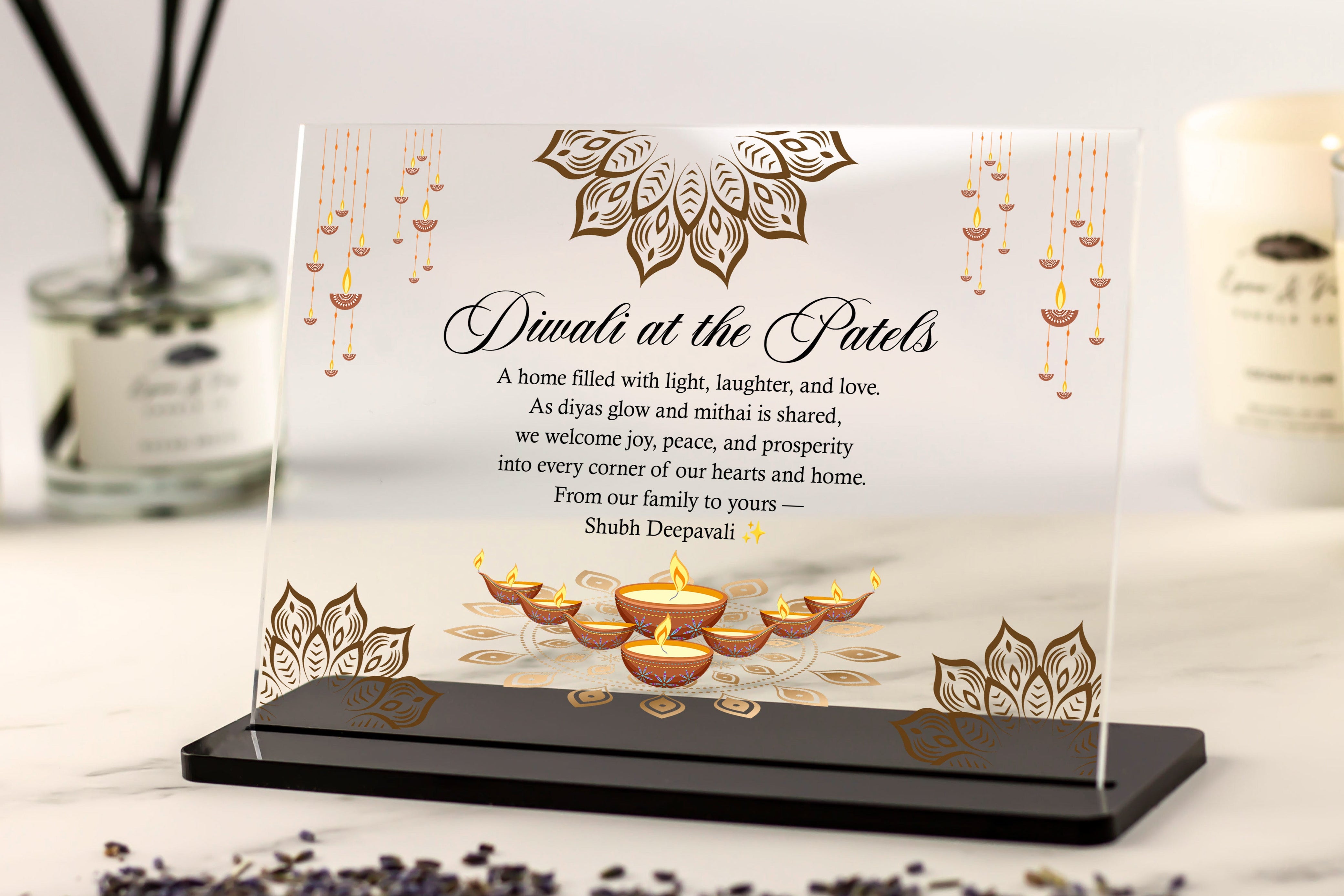 Personalised Diwali acrylic plaque with stand and diya design
