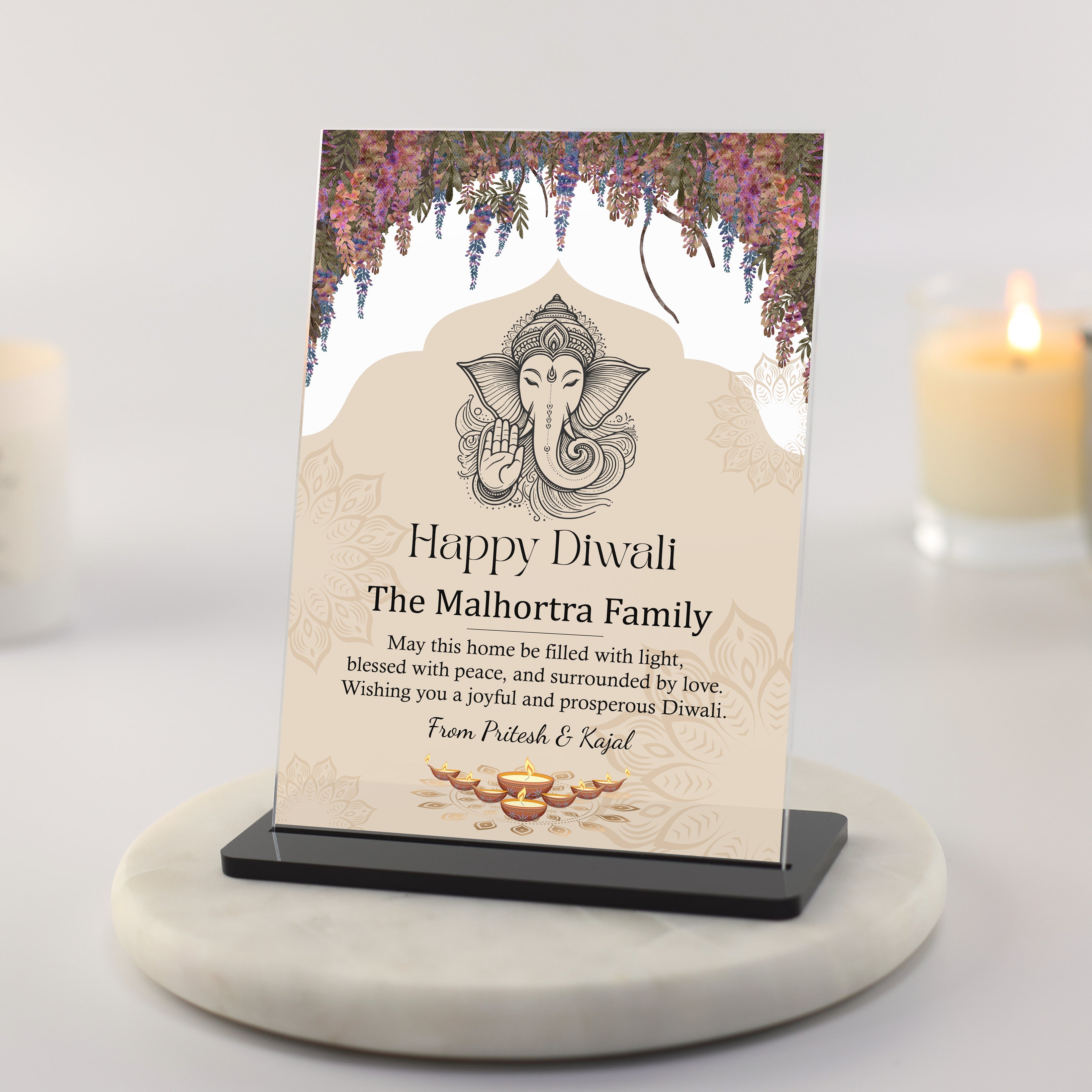 Personalised Diwali home décor plaque for family or neighbours. Diwali keepsake gift for coworkers, colleagues and business partners