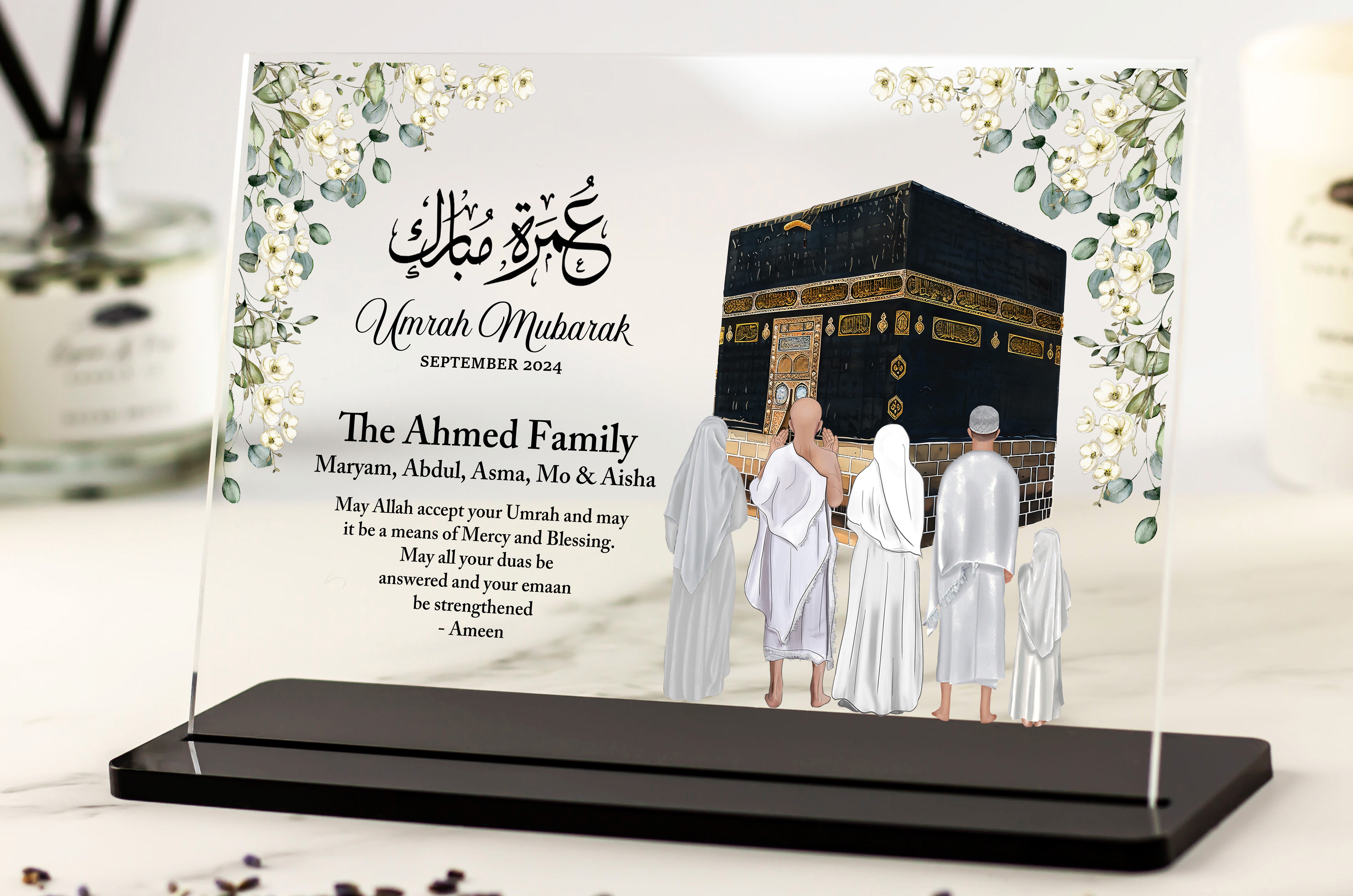 Umrah Mubarak Gift for Family Acrylic Plaque - White florals