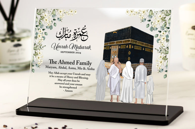 Umrah Mubarak Gift for Family Acrylic Plaque - White florals