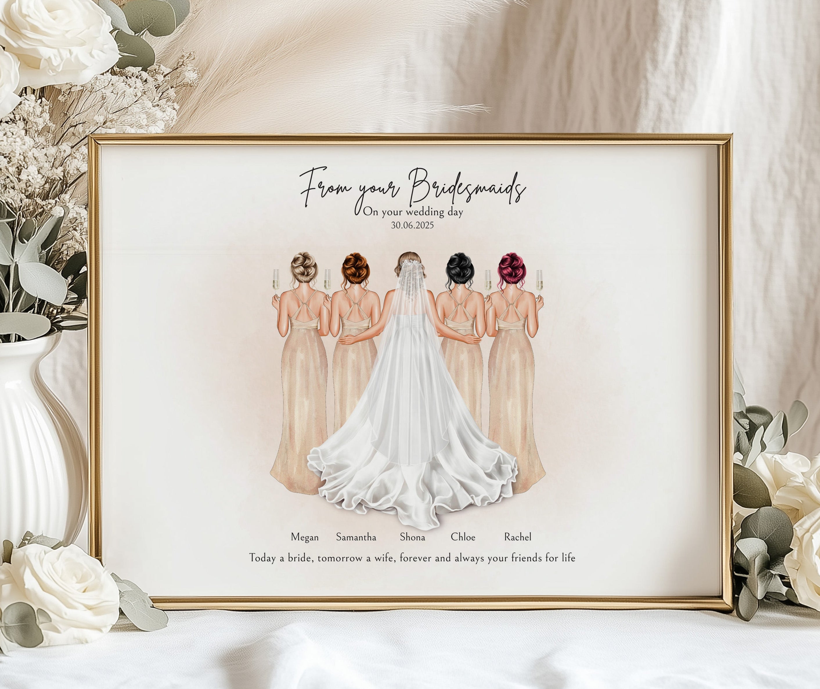 Custom wedding print from bridesmaids to bride showing illustrated women in matching dresses from behind with personalised hairstyles and names.
