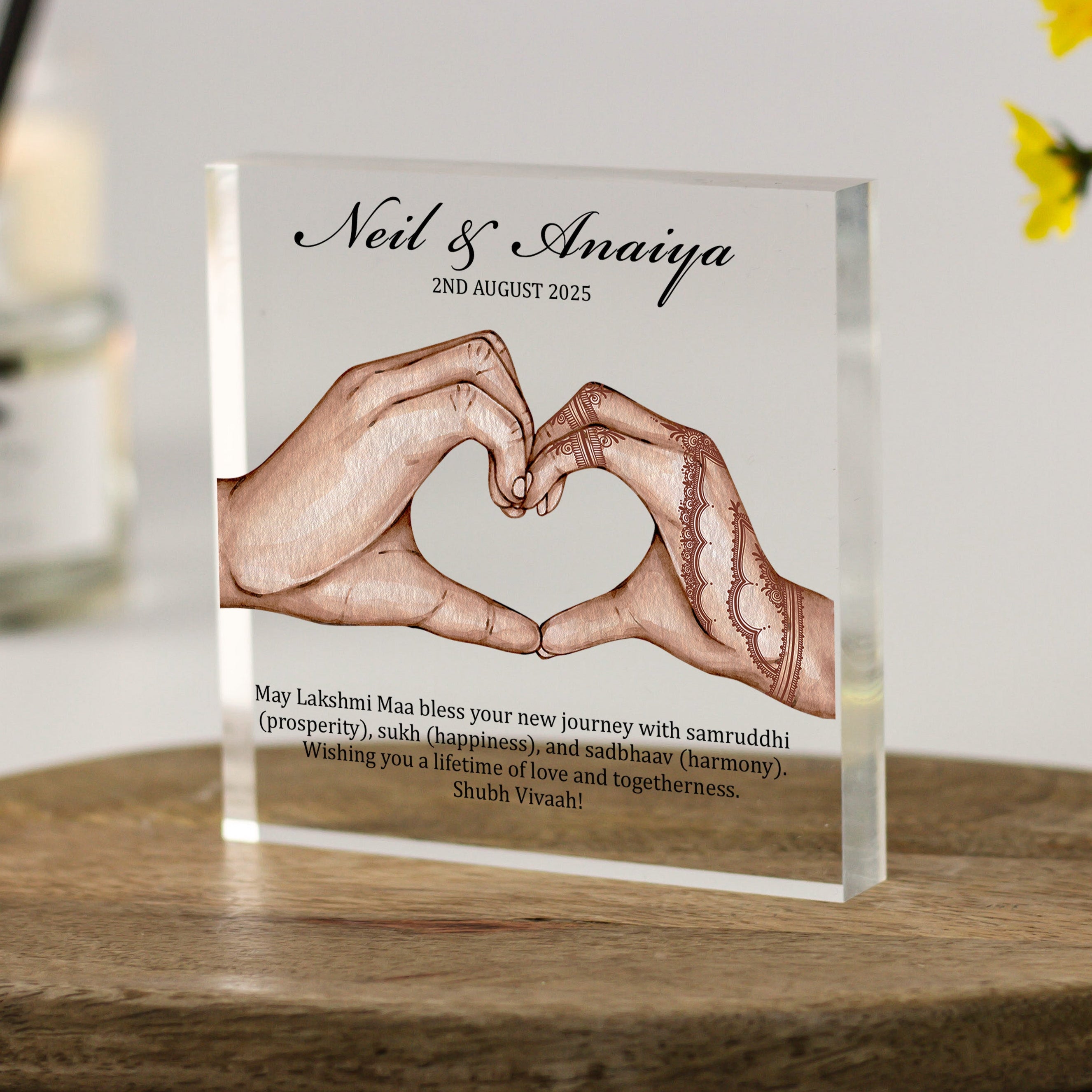 Personalised Indian couple acrylic block with mehndi hand illustration forming a heart, custom names, date, and Gujarati wedding blessing.