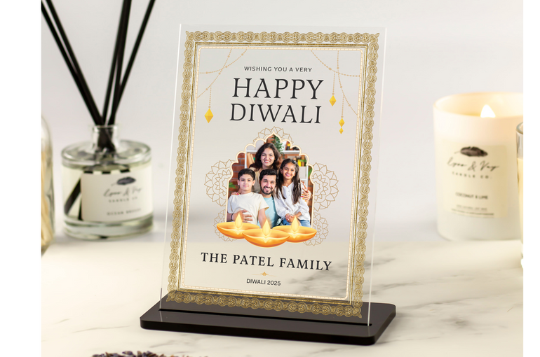 Personalised Happy Diwali portrait plaque with stand, featuring family photo, names, year and gold festive border – family keepsake gift